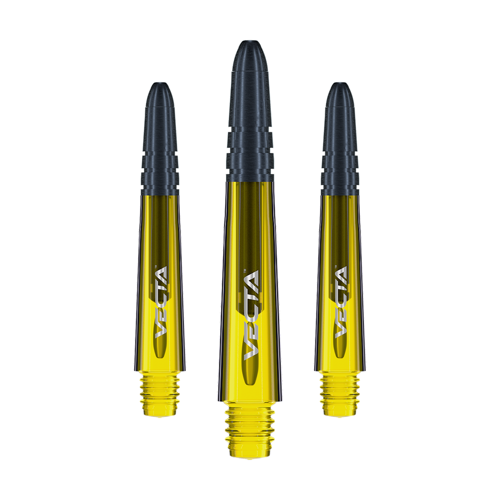 7025-106_Winmau_Vecta_Shafts_Gelb_34mm_1 Das Bild zeigt drei gelbe Winmau Vecta Shafts für Darts. Die Schäfte haben einen schwarzen oberen Teil und ein silbernes Logo.