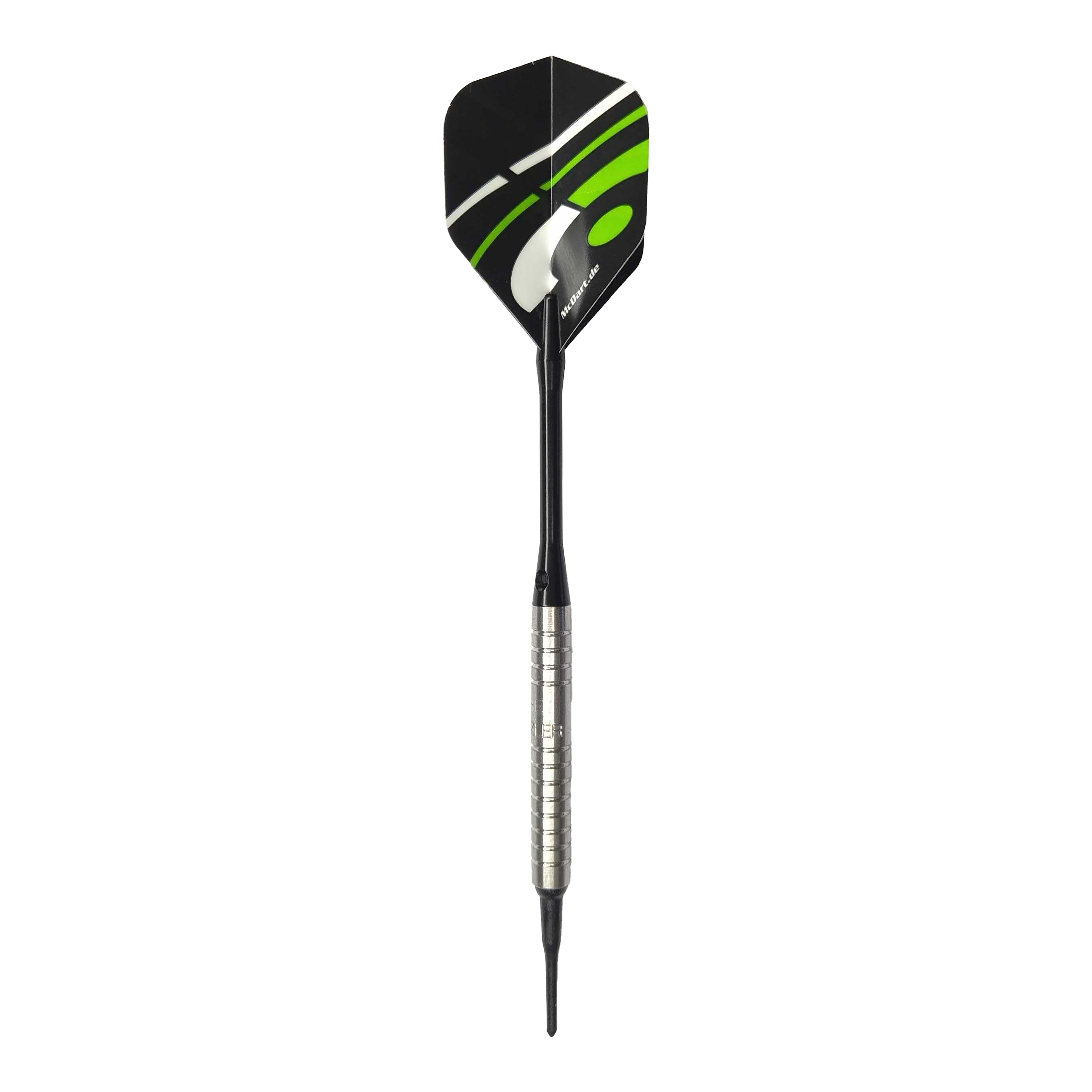 Lotki miękkie McDart 85 Tungsten V16 - 16,5 g Das Bild zeigt einen McDart 85er Tungsten V16 Softdart mit einem Gewicht von 16,5g. Der Dart besitzt einen silbernen, gerillten Barrel und schwarze sowie grüne Akzente auf dem Flight.