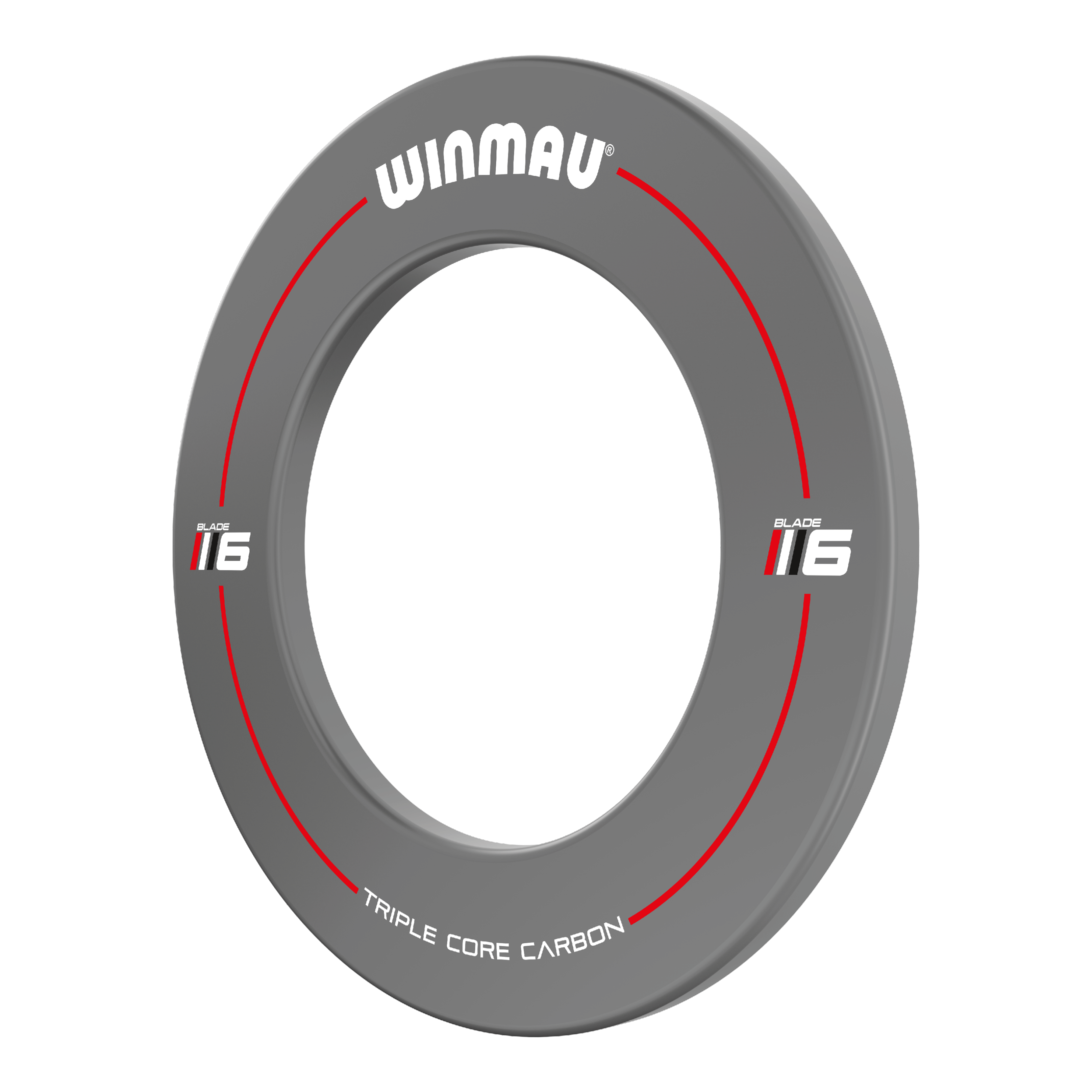 Winmau Blade 6 Design Dartboard Surround - Grau Das Bild zeigt das Winmau Blade 6 Design Dartboard Surround in Grau. Es ist rund und hat rote sowie weiße Akzente mit der Aufschrift "WINMAU" und "TRIPLE CORE CARBON".