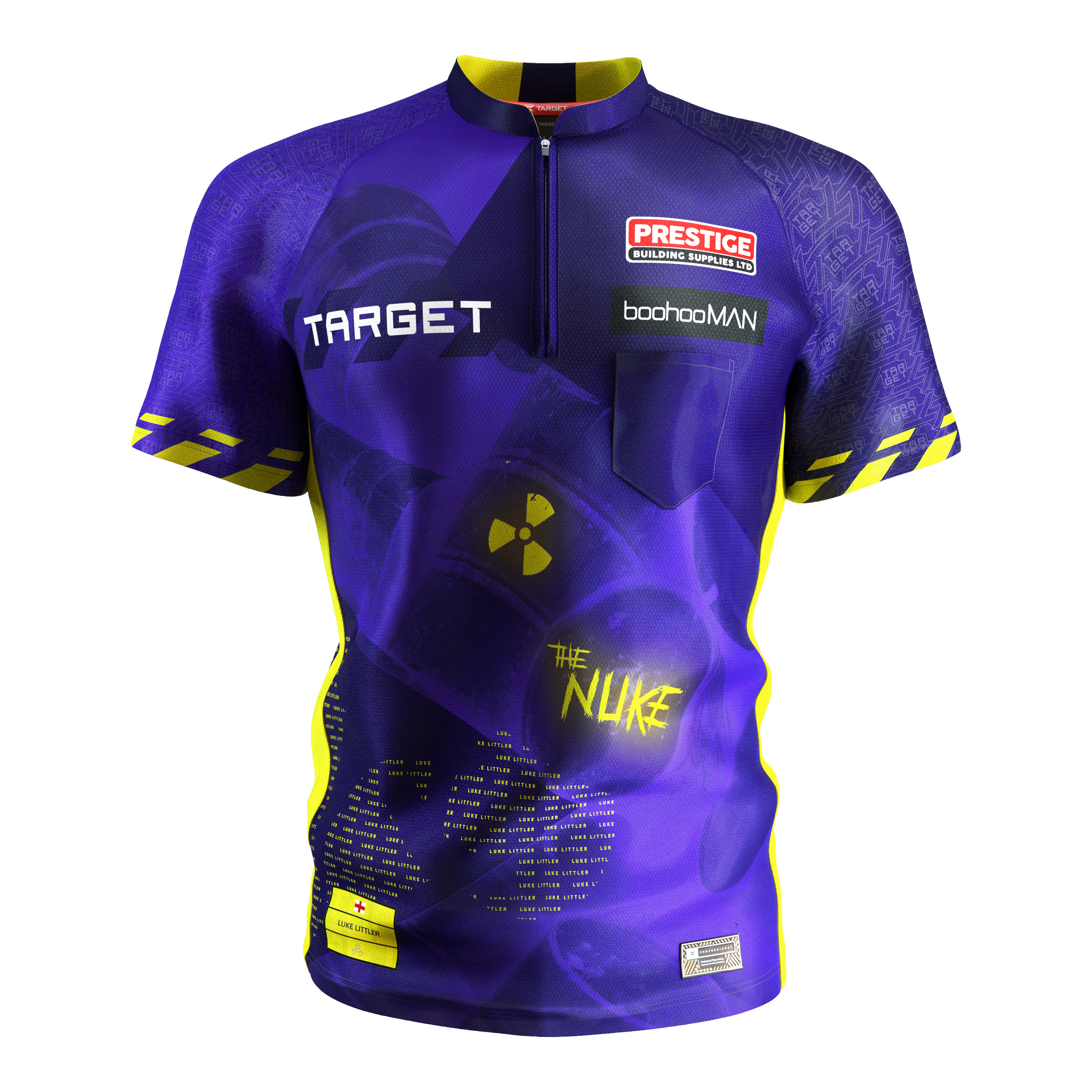 Koszulka do darta Target Coolplay Luke Littler 2025 Das Bild zeigt das "Target Coolplay Luke Littler 2025 Dartshirt" in leuchtenden Lila- und Gelbtönen. Auf dem Shirt sind verschiedene Logos, Schriftzüge und ein auffälliges Symbol mit der Aufschrift „The Nuke“ zu sehen.