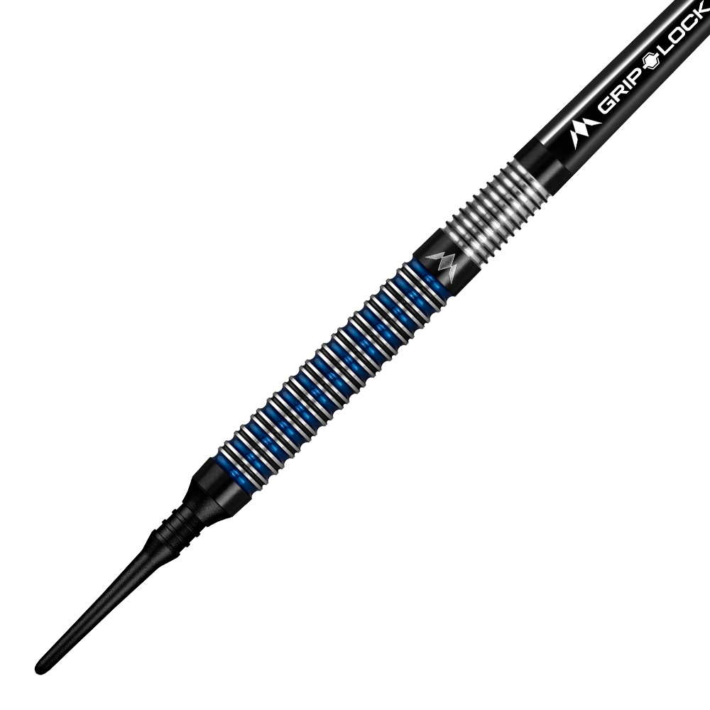 Das Bild zeigt einen Mission Nightfall Model 1 Softdart mit einem schwarzen und blauen Ringdesign am Griff. Der Dart besitzt eine feine Riffelung für besseren Halt und eine schwarze Softspitze.