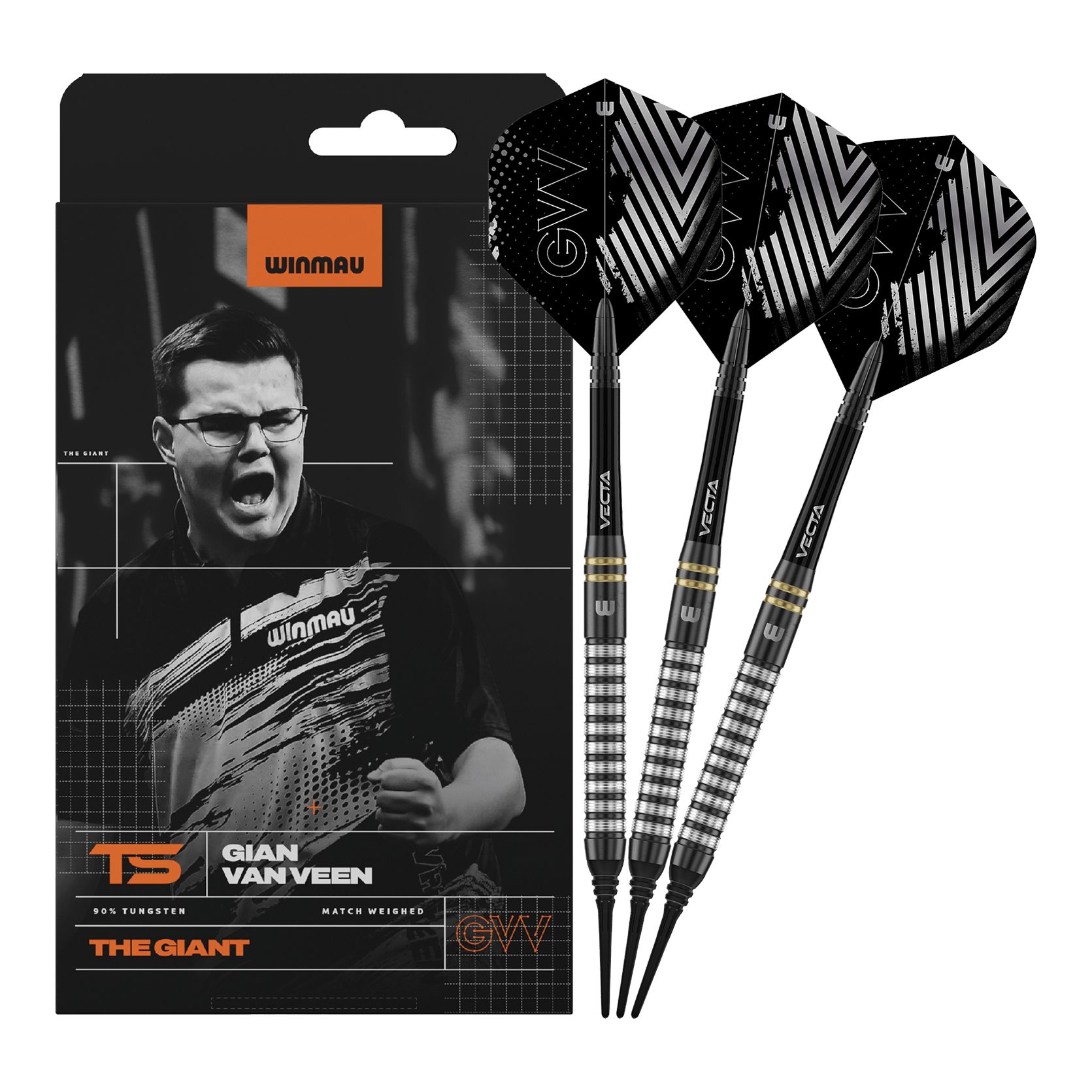 Miękkie rzutki Winmau Gian Van Veen TS - 18g Winmau Gian Van Veen TS Softdarts mit 18g werden komplett dargestellt. Alle drei Darts sind zusammen zu sehen.