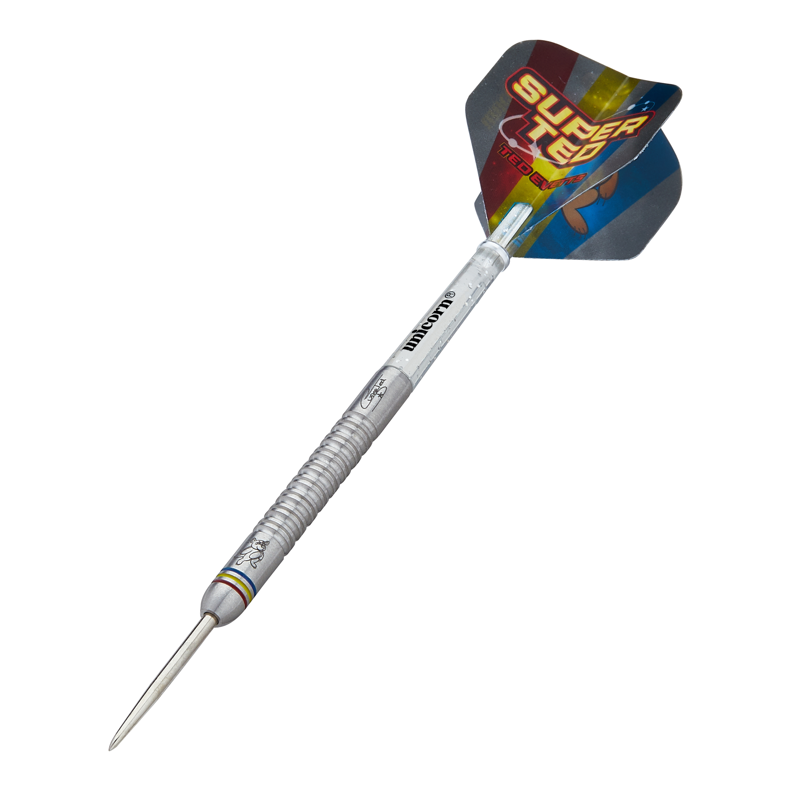 Das Bild zeigt den Steeldart „Unicorn Contender Ted Evetts Phase 2“ mit einem Gewicht von 23g. Der Dartpfeil hat einen silbernen Schaft und einen bunten Flight mit der Aufschrift „Super Ted“.
