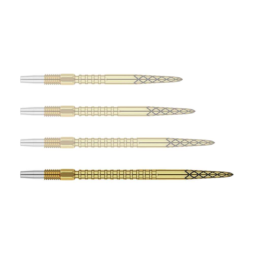Das Bild zeigt vier goldene Dartspitzen mit einem silbernen Gewinde. Die Spitzen haben ein schwarz eingraviertes Rautenmuster.