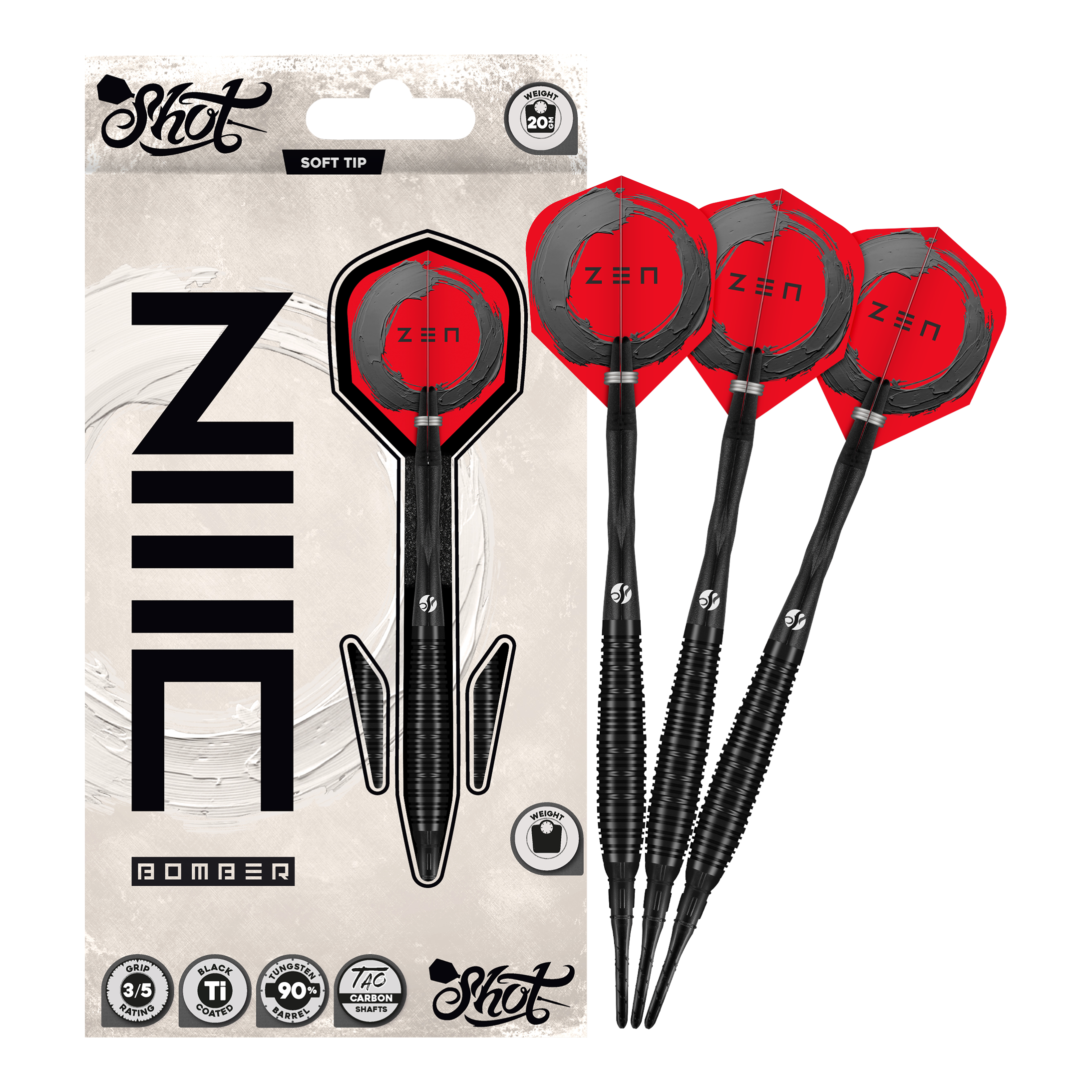 Miękkie lotki Shot ZEN Bomber - 20g Zu sehen sind die Shot ZEN Bomber Softdarts - 20g. Sie zeichnen sich durch ihre spezielle Form und das ansprechende Aussehen aus.