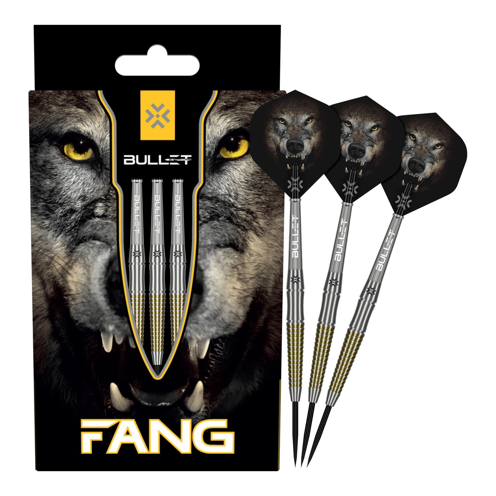 Auf dem Bild sind die Bullet Fang Steeldarts komplett zu sehen. Die Steeldarts sind in voller Länge dargestellt.