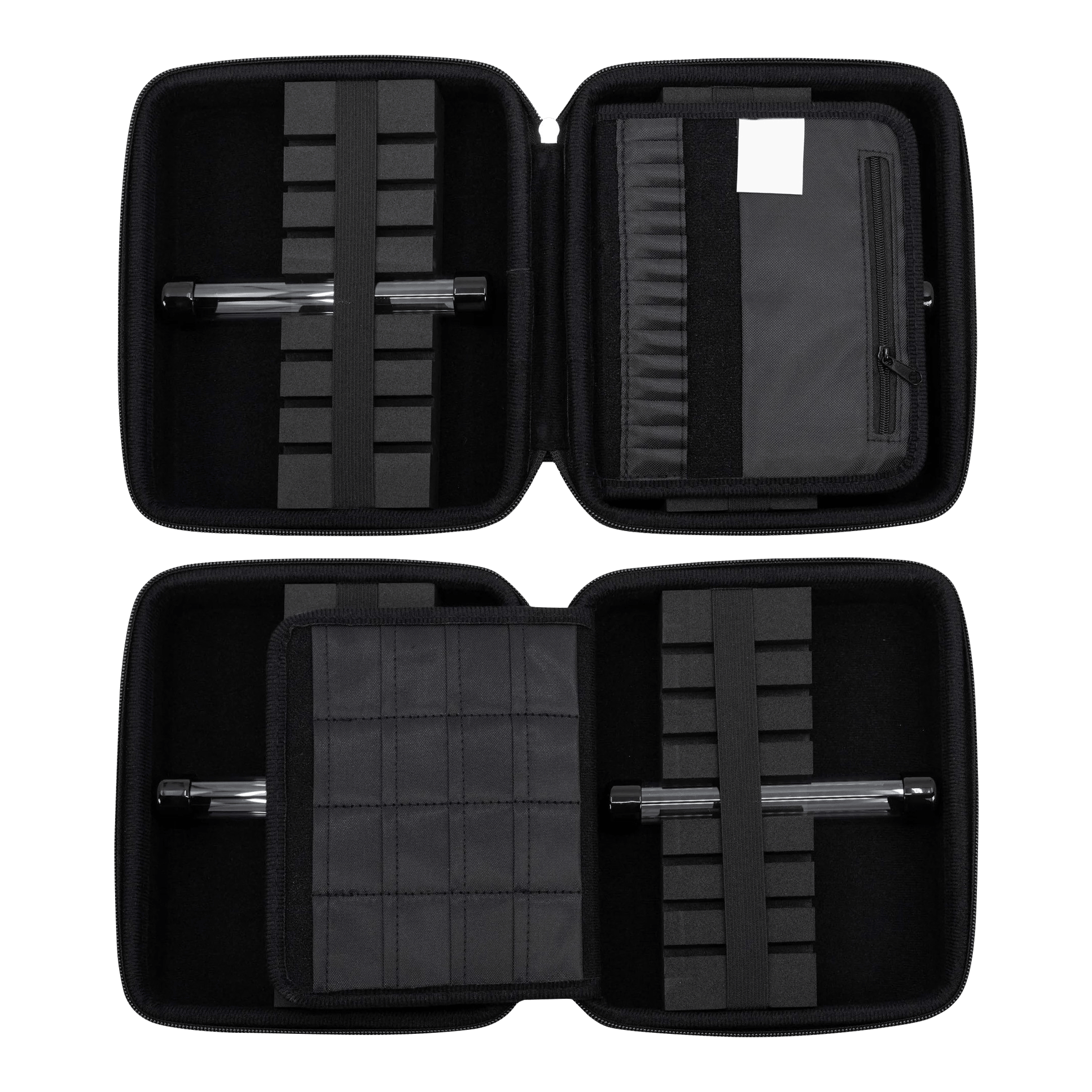 Portfel GOAT Locker XXL Dart Das Bild zeigt das geöffnete GOAT Locker XXL Dartwallet mit mehreren Fächern und Halterungen für Dartzubehör. Die Darttasche ist schwarz und bietet viel Platz zur sicheren Aufbewahrung.