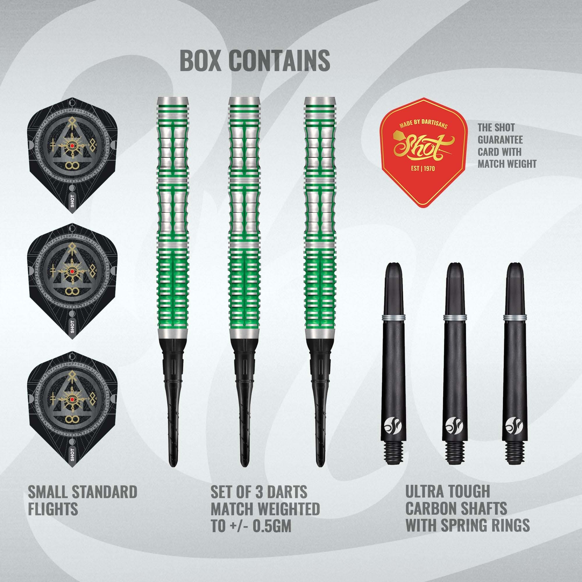 Shotki miękkie Mythril firmy Shot Alchemy - 20 g Hier sind die Shot Alchemy Mythril Softdarts - 20g abgebildet. Die Darts sind für das Spiel an Softdart-Automaten gedacht.