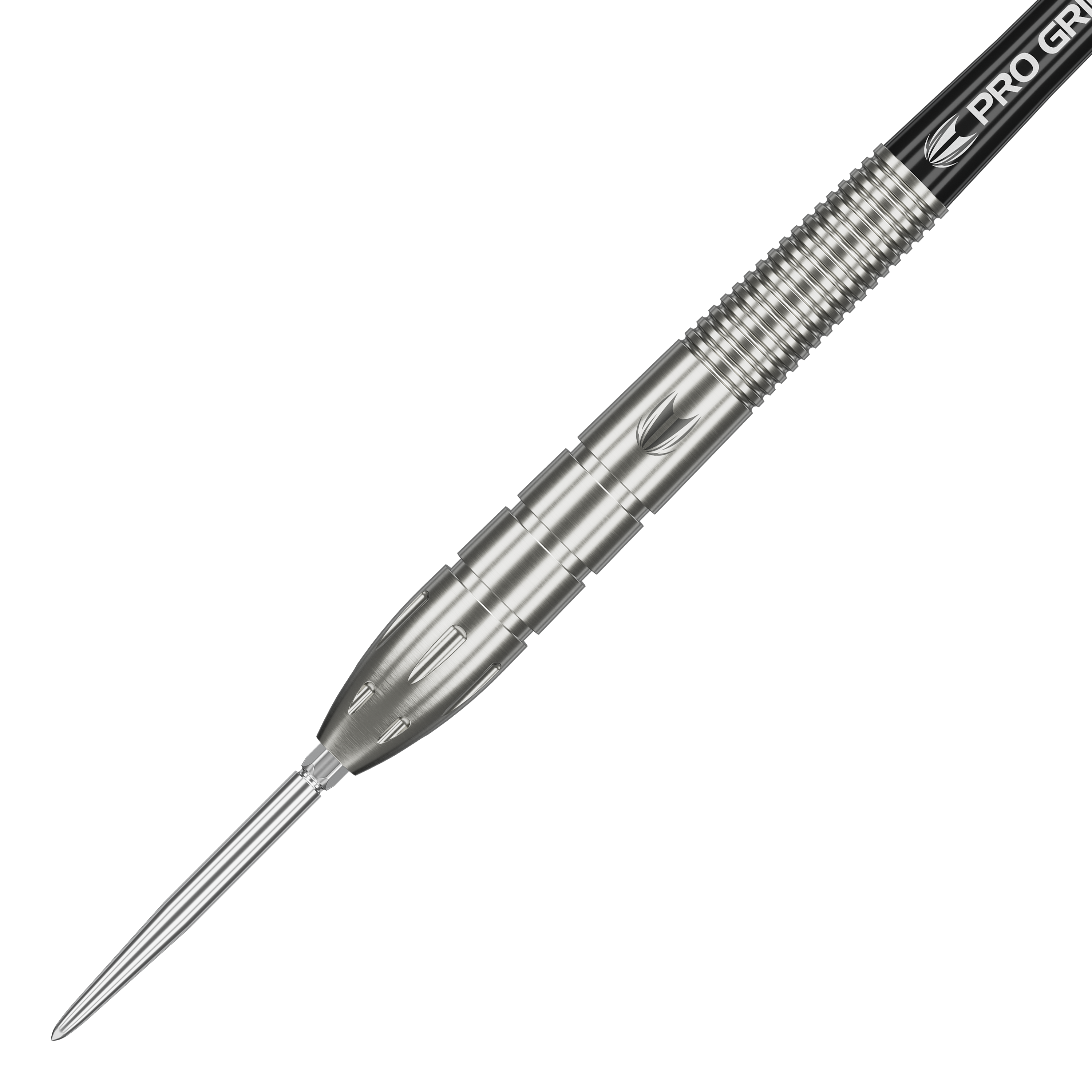 Stalowe lotki Target Nathan Aspinall GEN1 Swiss Point Das Bild zeigt einen silbernen Steeldart aus der Serie "Target Nathan Aspinall GEN1 Swiss Point". Der Dart hat ein gerilltes Griffstück und eine spitze Metallspitze.