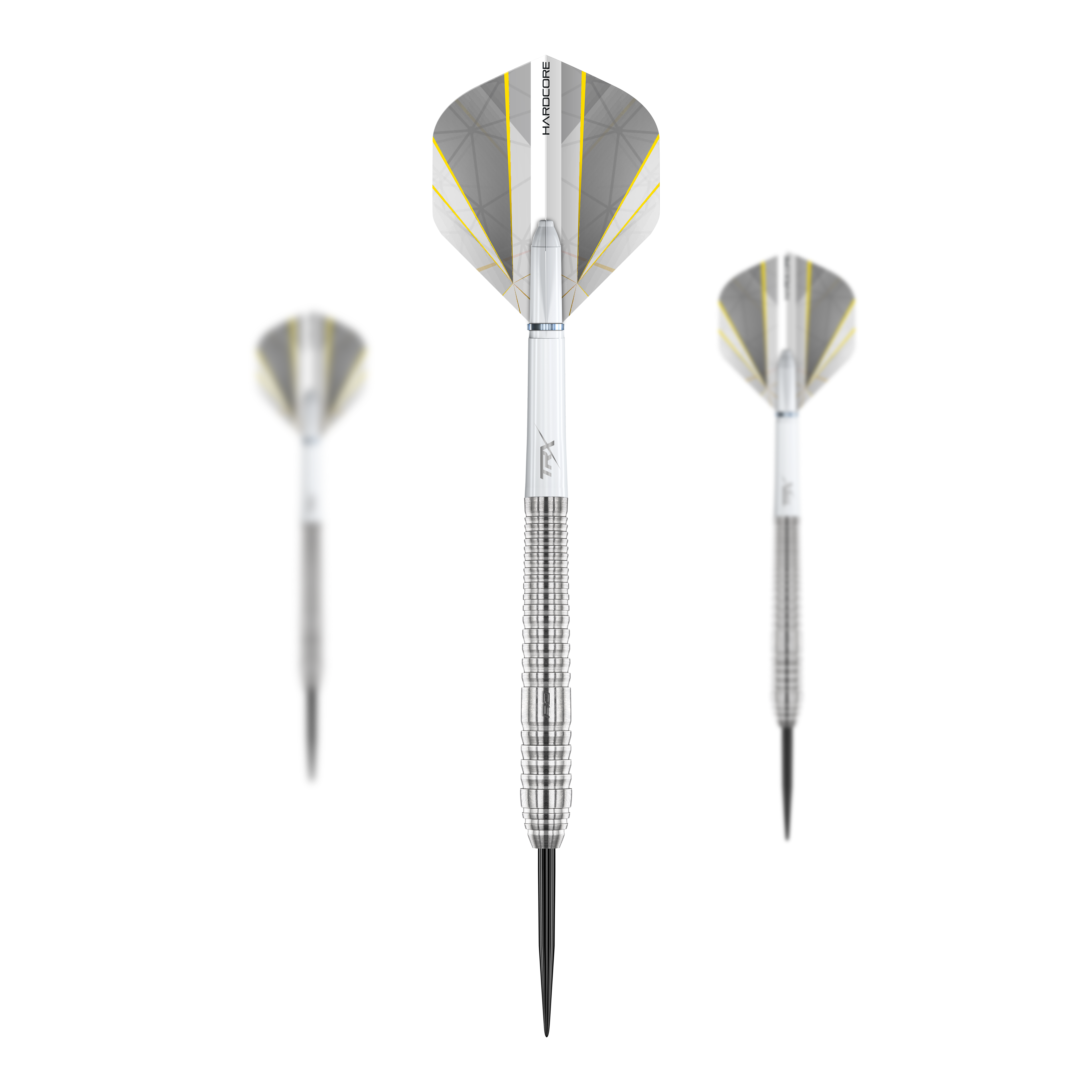 Red Dragon Seren 2 Czyste Steeldarts Das Bild zeigt drei Red Dragon Seren 2 Pure Steeldarts mit silbernen Schäften und weißen Flights. Die Darts sind elegant designt und zeigen feine gelbe Linien auf den Flights.