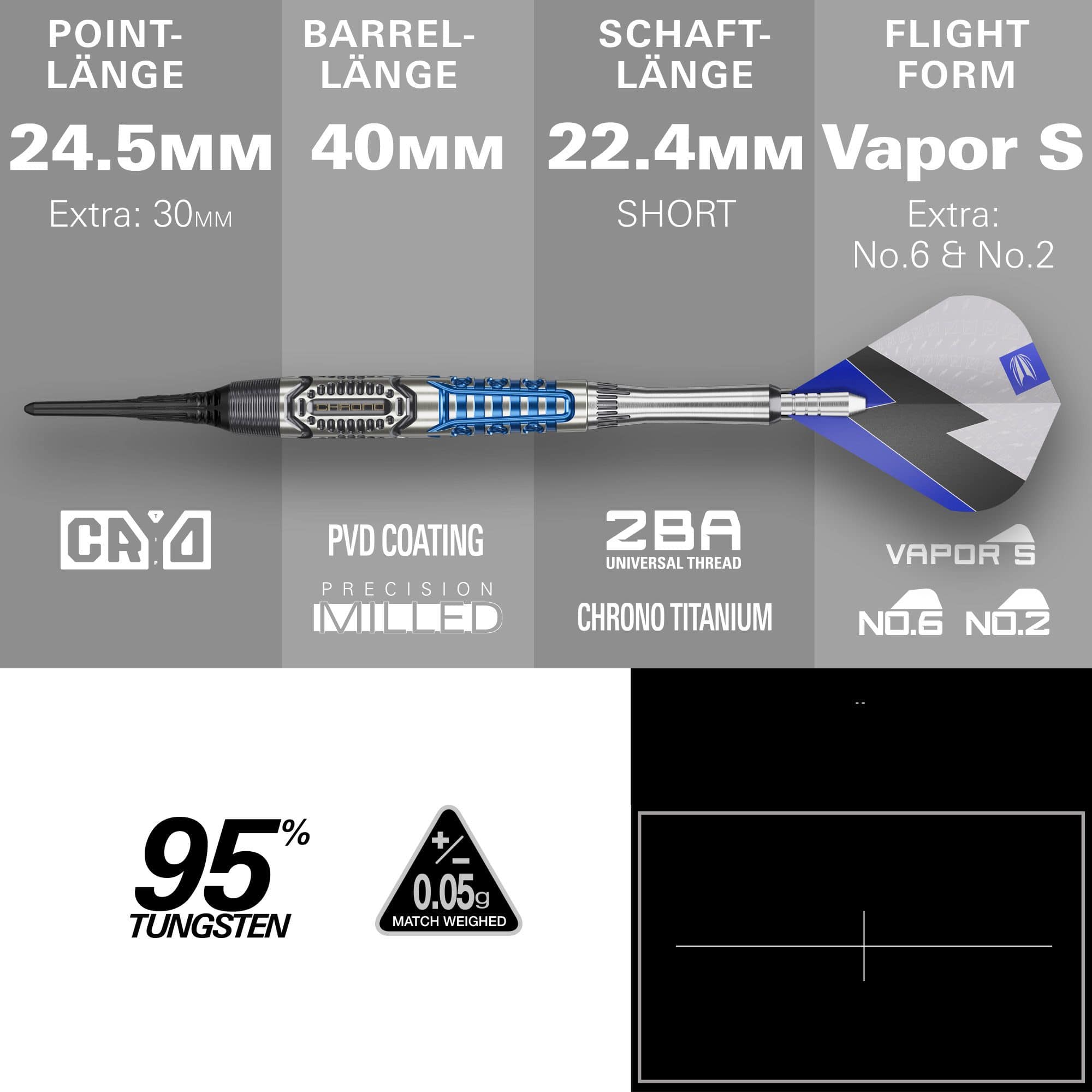 Abgebildet ist das Produkt Target Phil Taylor Power X Chrono Softdarts. Die Darts haben ein modernes Design mit auffälligen Details.