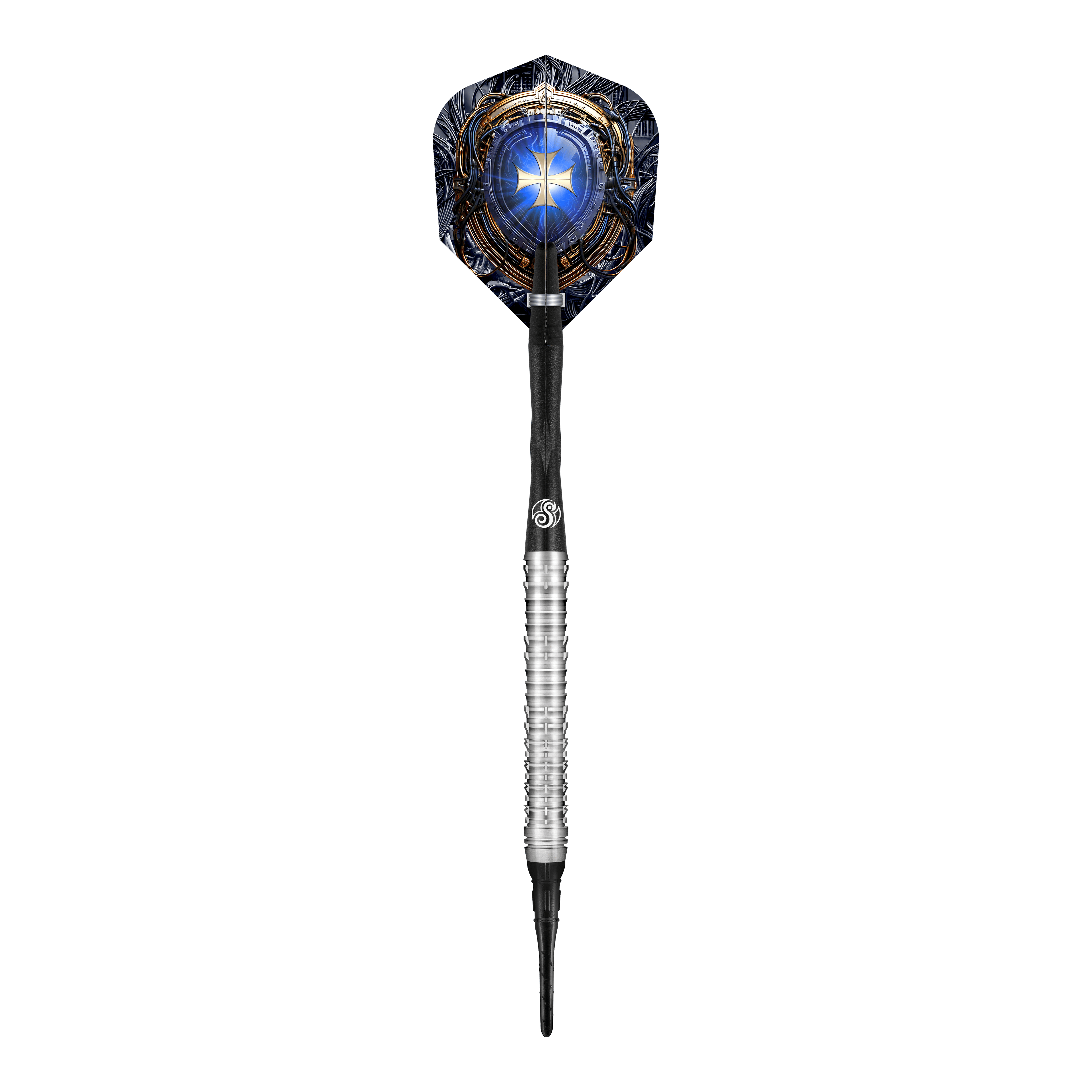 Das Bild zeigt einen Shot Future Knights Ironsoul Softdart mit einem Gewicht von 20g. Der Dart hat ein silbernes Griffstück und eine auffällige Flight-Grafik mit einem blauen, leuchtenden Motiv.