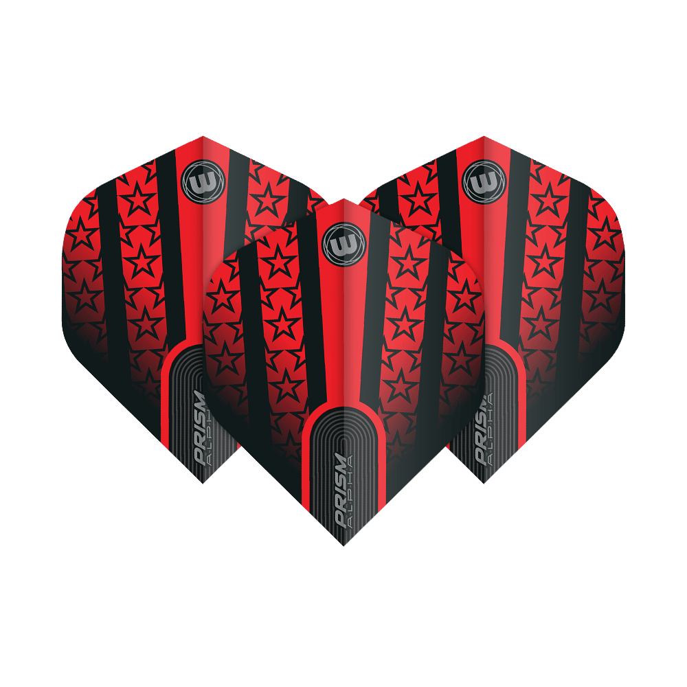 6915-178_Winmau_Prism_Alpha_6915-178_Standard_Flights_1lSdOEcdnHqGOd Das Bild zeigt die Winmau Prism Alpha 6915.178 Standard Flights. Diese Dartflights sind rot-schwarz gestaltet und mit Sternmustern verziert.