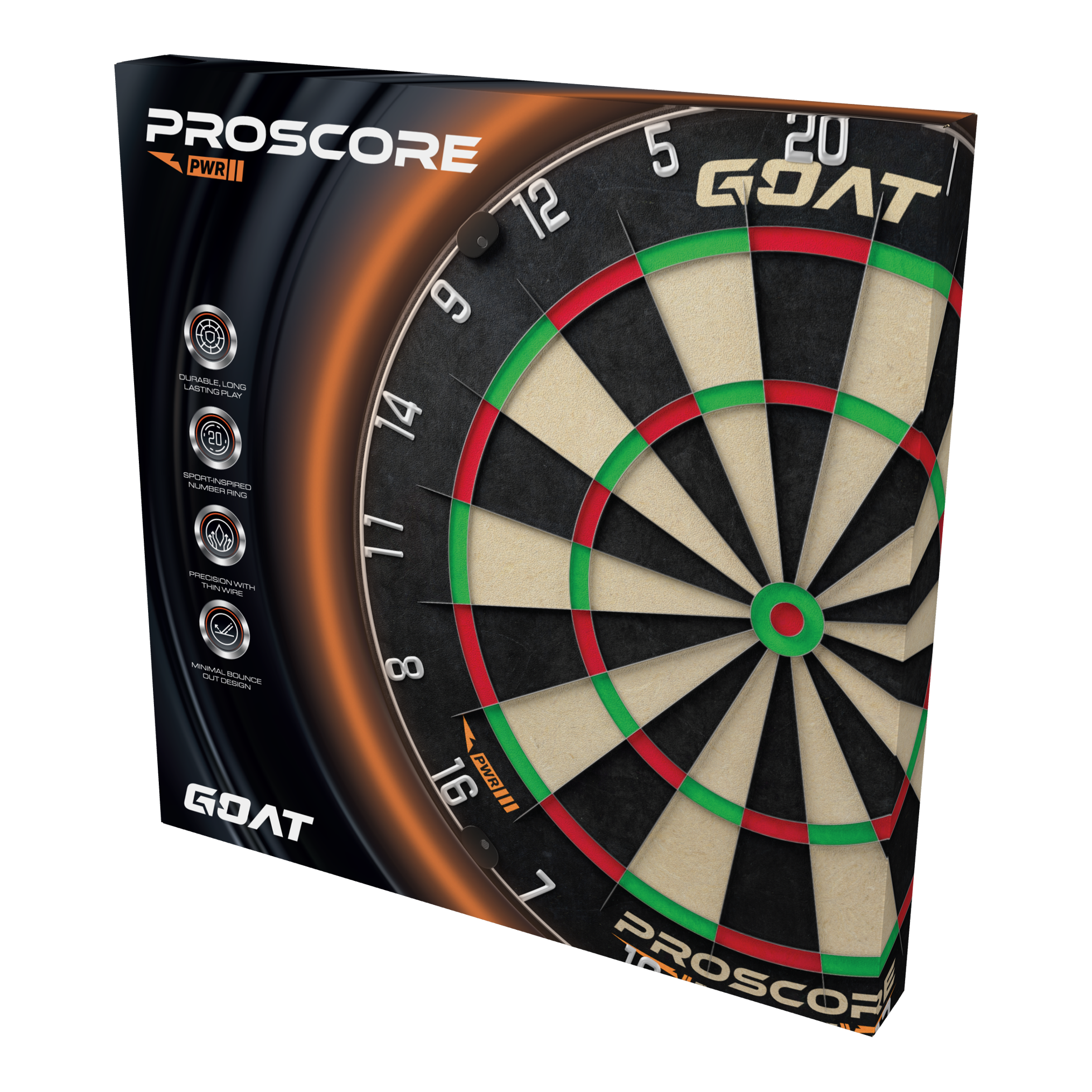 Stalowa tarcza do darta GOAT Proscore PWR Die Abbildung zeigt das Produkt „GOAT Proscore PWR Steeldartboard“ in seiner Verpackung. Auf der Box sind das Dartboard und verschiedene Produkthighlights sichtbar.