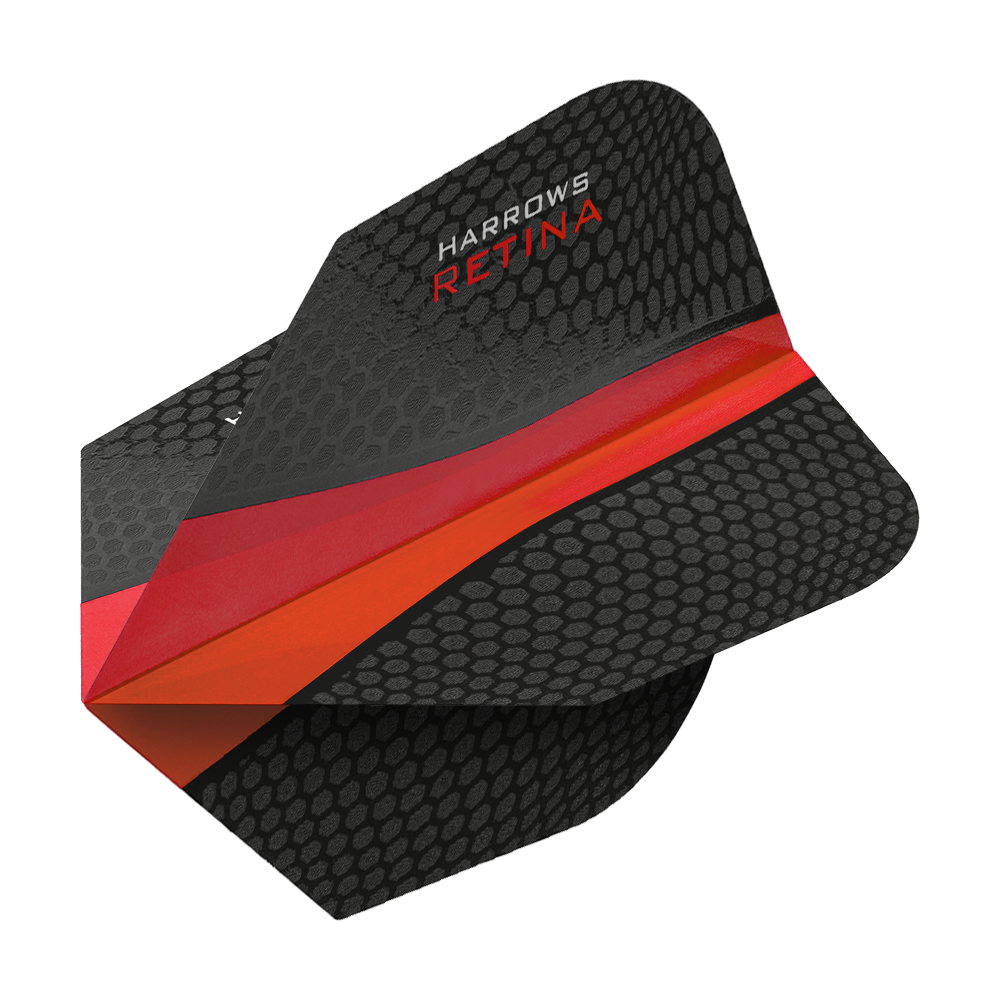HR64_Harrows_Retina_Rot_No2_Standard_Flights_2 Das Bild zeigt das Produkt "Harrows Retina Rot No6 Flights". Die Darts-Flights sind schwarz mit einem roten Streifen und einem wabenartigen Muster gestaltet.