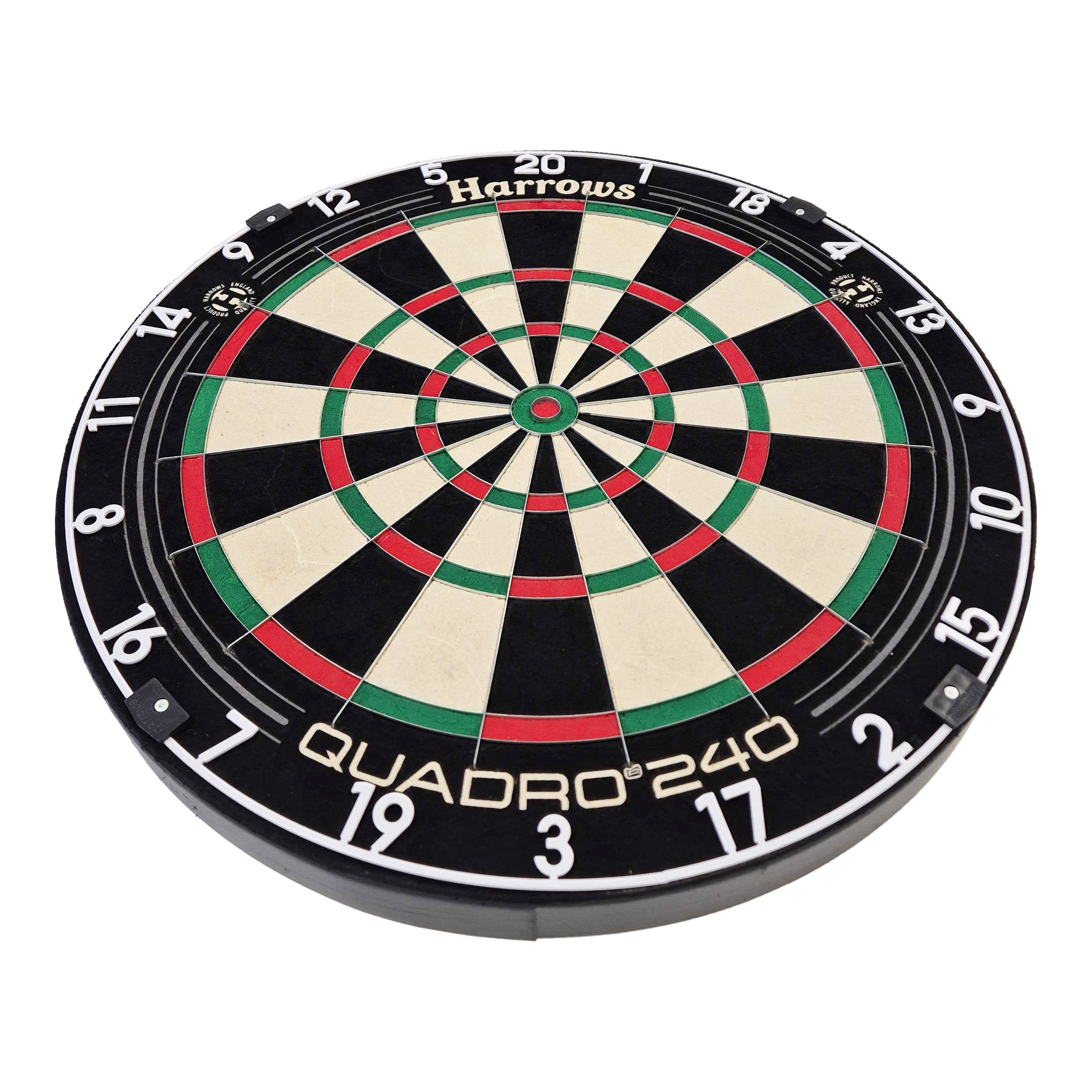 Tarcza do darta Harrows Quadro 240 ze stali Das Bild zeigt das Steeldartboard "Harrows Quadro 240". Die Dartscheibe ist rund und in verschiedene farbige Segmente unterteilt.