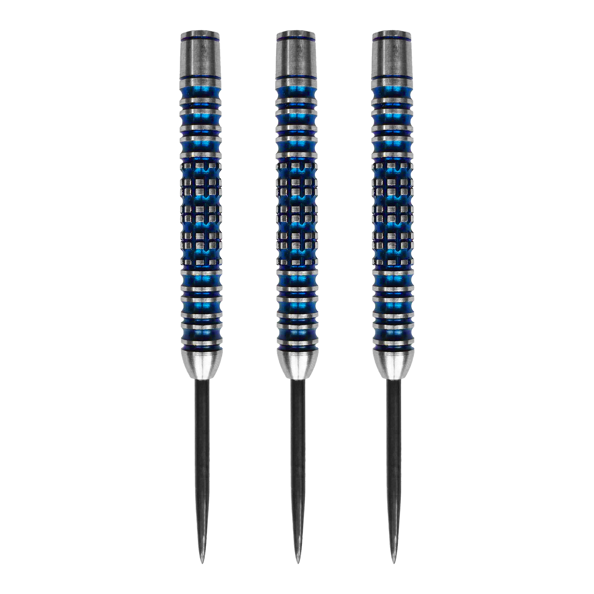 Beczki McDart Ocean Steeldart - 23g Das Bild zeigt drei McDart Ocean Steeldart Barrels mit einem Gewicht von 23g. Die Barrels sind silberfarben mit blauen Rillen und haben eine strukturierte Oberfläche.