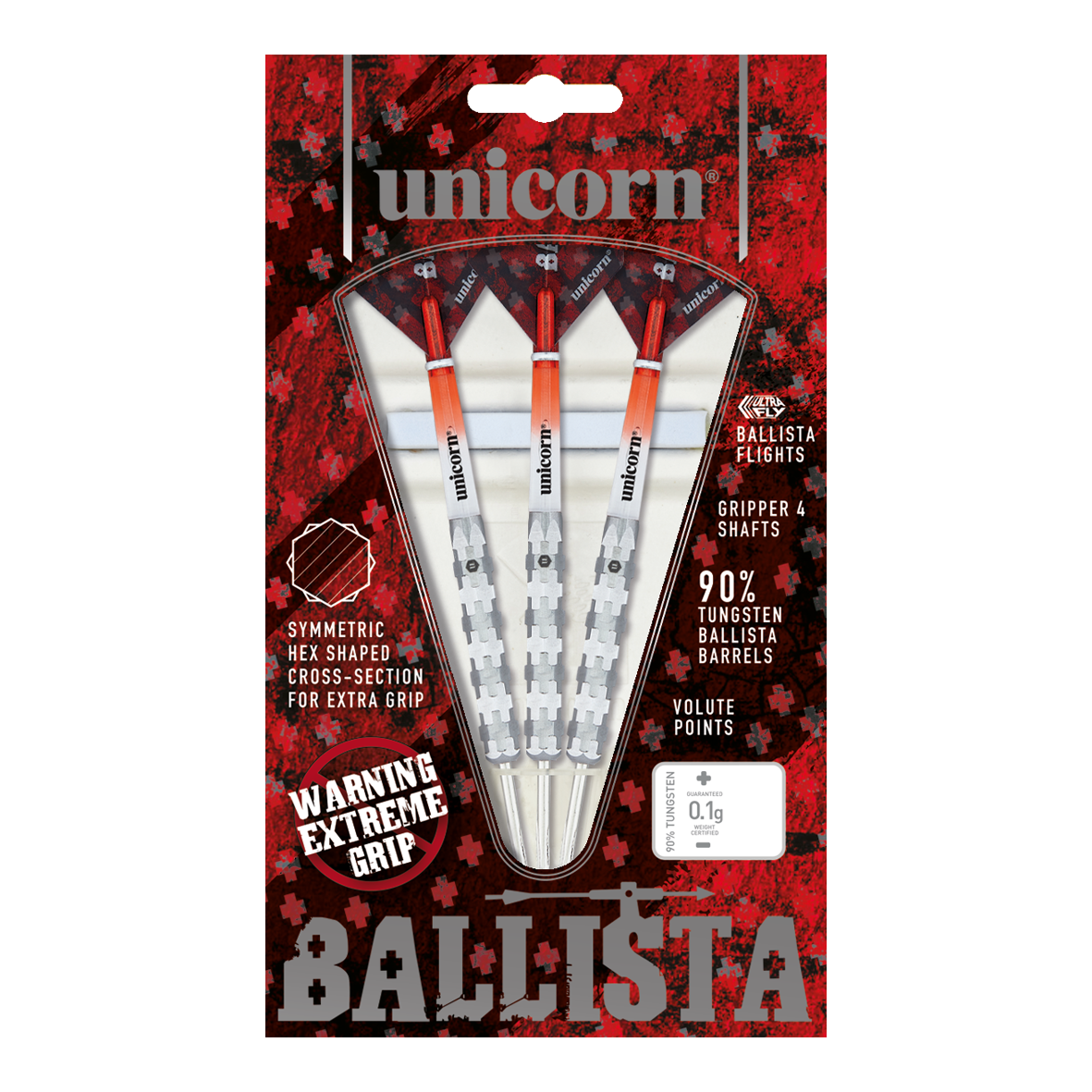 Stalowe lotki Unicorn Ballista Style 1 Das Bild zeigt die "Unicorn Ballista Style 1 Steeldarts" in ihrer Verpackung. Die Darts haben einen extremen Grip und bestehen zu 90% aus Tungsten.