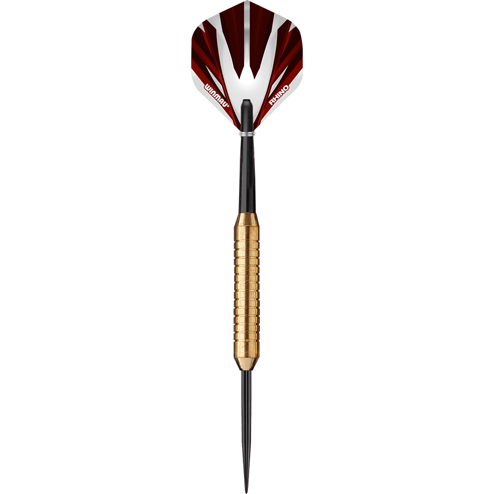 1225-22_Winmau_Broadside_Brass_Steeldarts_15C89jocW5tuTC Dies ist ein Winmau Broadside Brass Steeldart mit einem Gewicht von 22 Gramm. Der Dart hat einen messingfarbenen, geriffelten Griff und eine rot-weiße Flight.