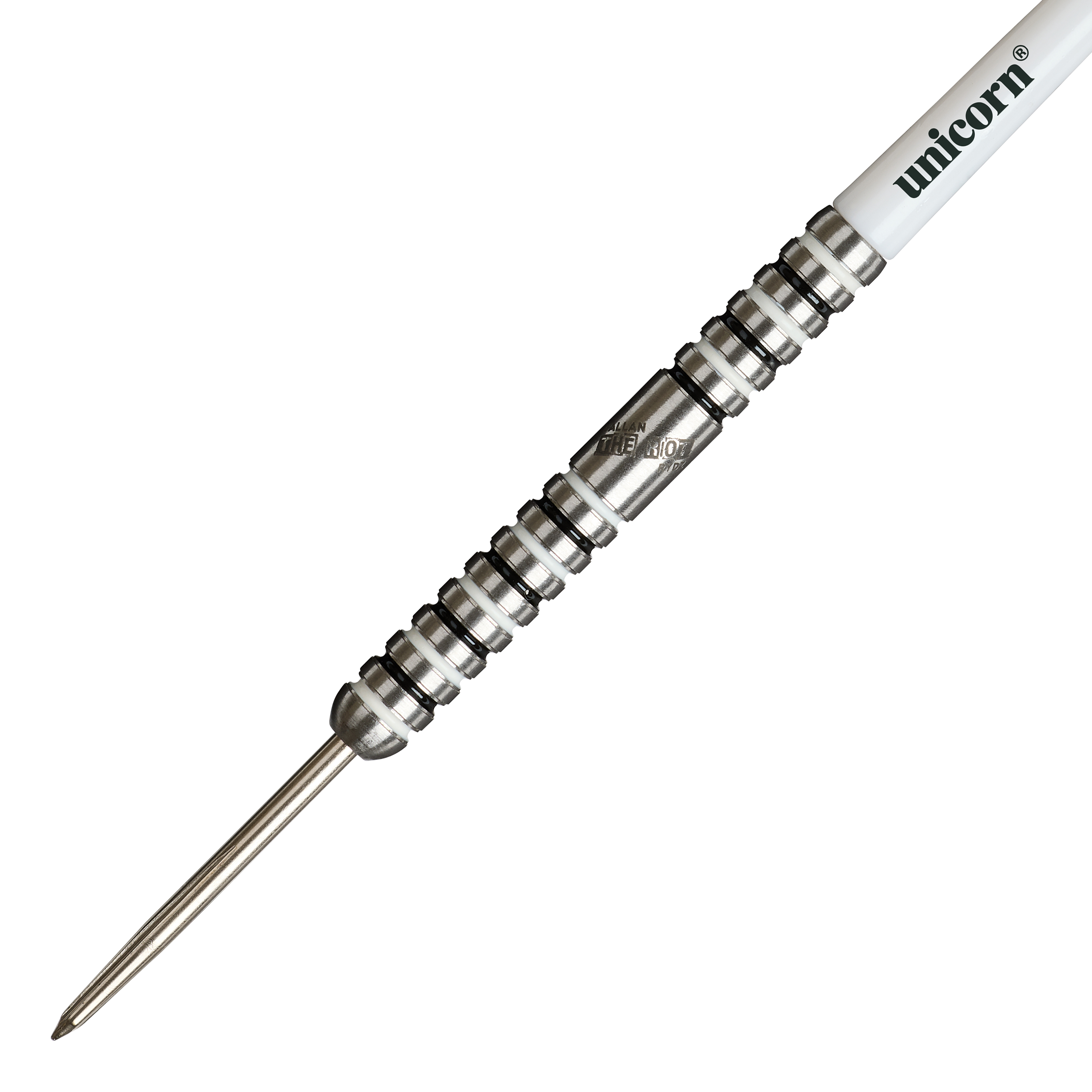 Unicorn Callan Rydz The Riot Phase 2 stalowe lotki Das Bild zeigt einen silbernen Steeldart mit auffälligen Rillen und dem Markennamen "Unicorn" auf dem weißen Schaft. Es handelt sich um das Modell "Unicorn Callan Rydz The Riot Phase 2 Steeldarts".
