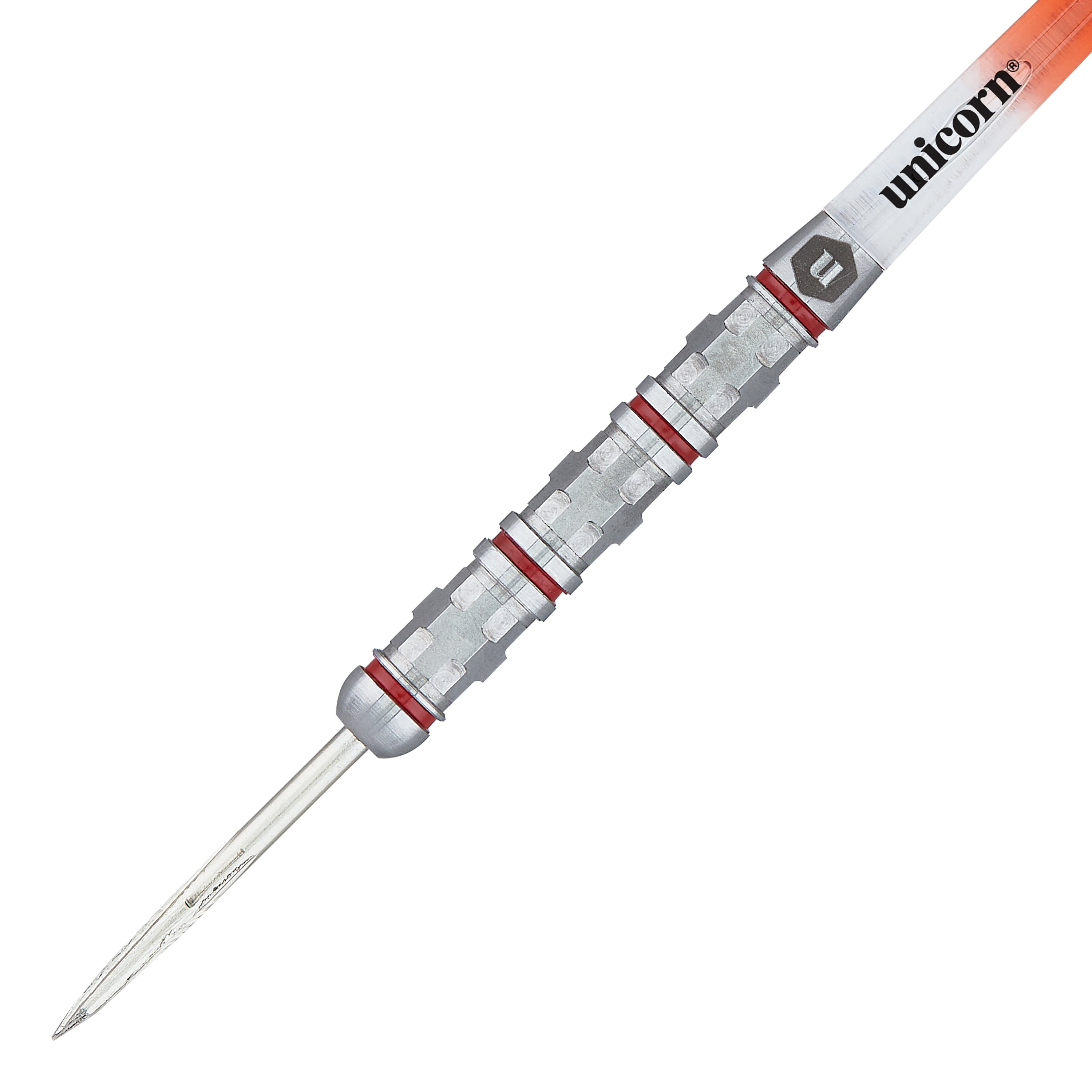 Unicorn Ballista Style 4 stalowe rzutki Das Bild zeigt einen Unicorn Ballista Style 4 Steeldart. Der Dartpfeil hat ein silbernes, geriffeltes Griffstück mit roten Ringen und einer Spitze aus Metall.