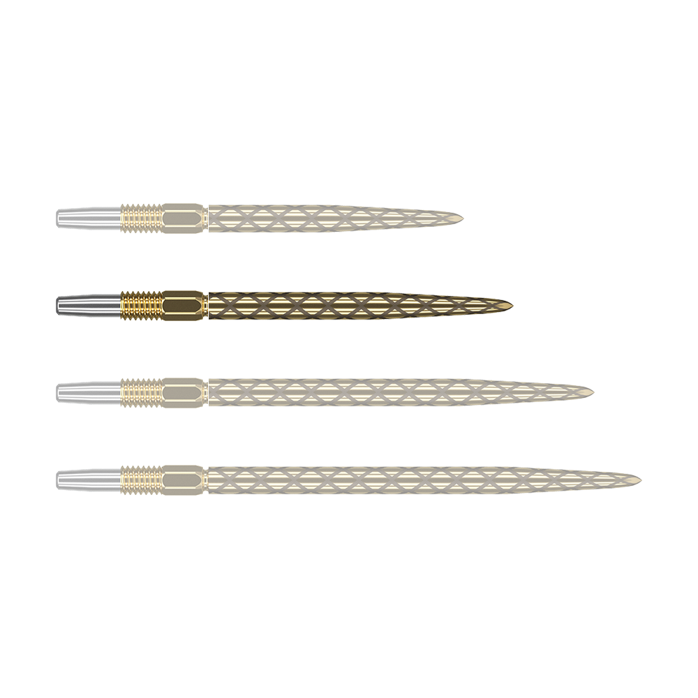 Das Bild zeigt vier goldfarbene Dartspitzen mit silberner Spitze, die nebeneinander liegen. Die Oberflächen der Dartspitzen haben ein rautenförmiges Muster.