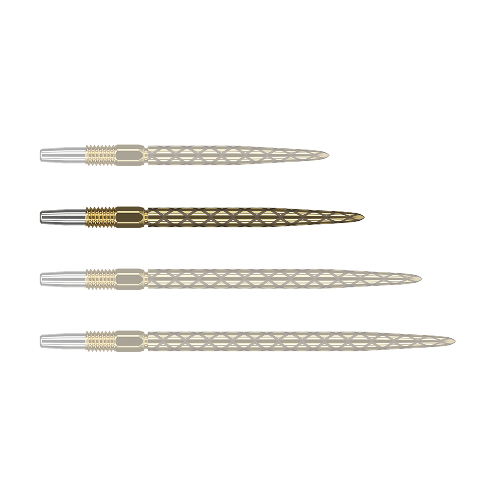 Końcówki do lotek Target Swiss Diamond Pro Gold Das Bild zeigt vier goldfarbene Dartspitzen mit silberner Spitze, die nebeneinander liegen. Die Oberflächen der Dartspitzen haben ein rautenförmiges Muster.