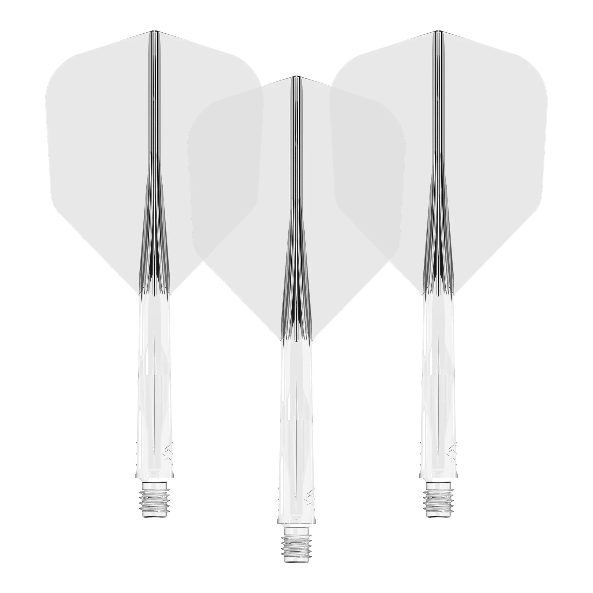 System wału lotniczego Mission Force 90 No6 – przezroczysty Das Bild zeigt drei durchsichtige Dartschäfte mit weißen Flights. Sie sind nebeneinander in einer Reihe angeordnet.