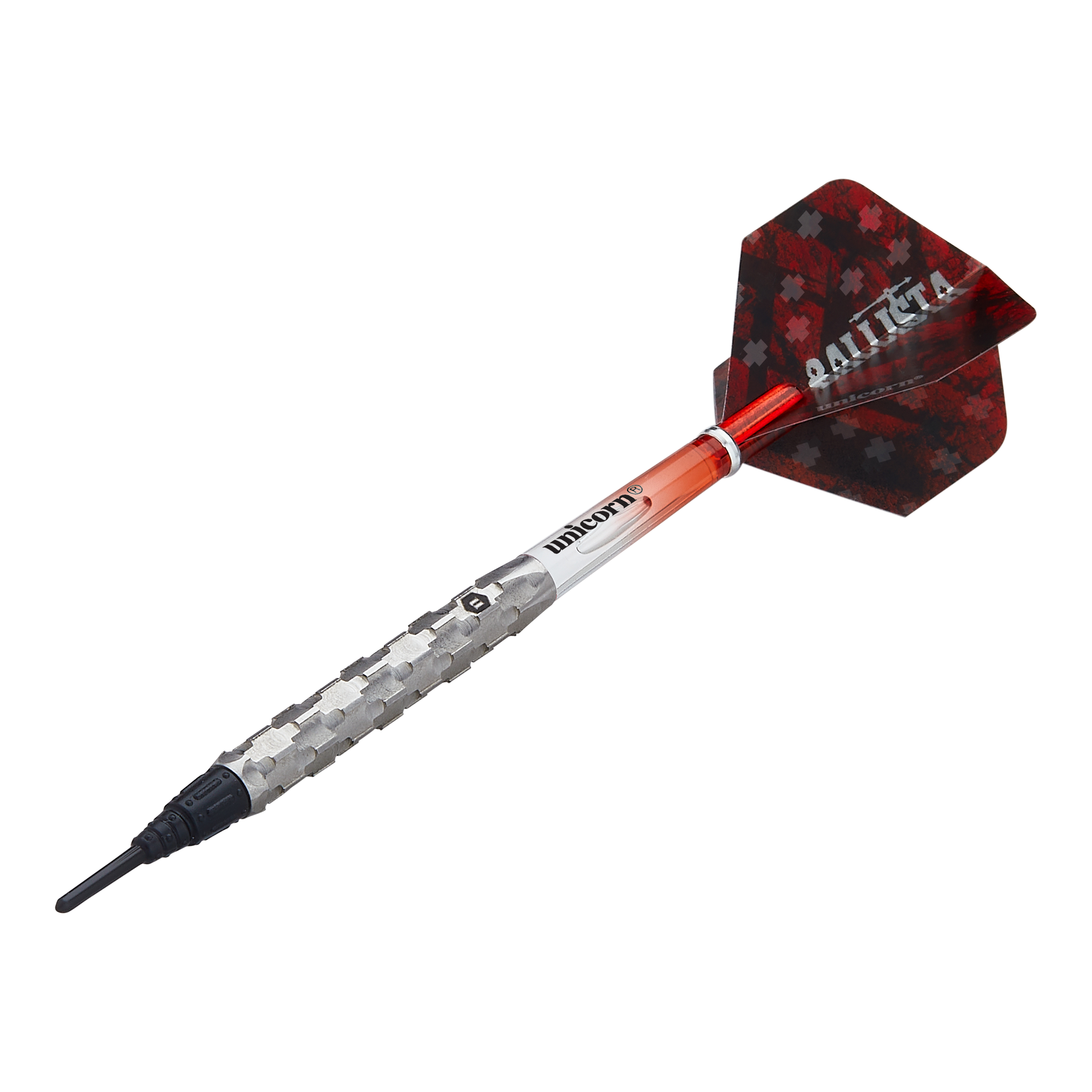 Unicorn Ballista Style 1 miękkie lotki Das Bild zeigt einen Unicorn Ballista Style 1 Softdart. Der Dart hat ein silbernes Griffstück, einen roten Schaft und schwarze Flights mit der Aufschrift "BALLISTA".