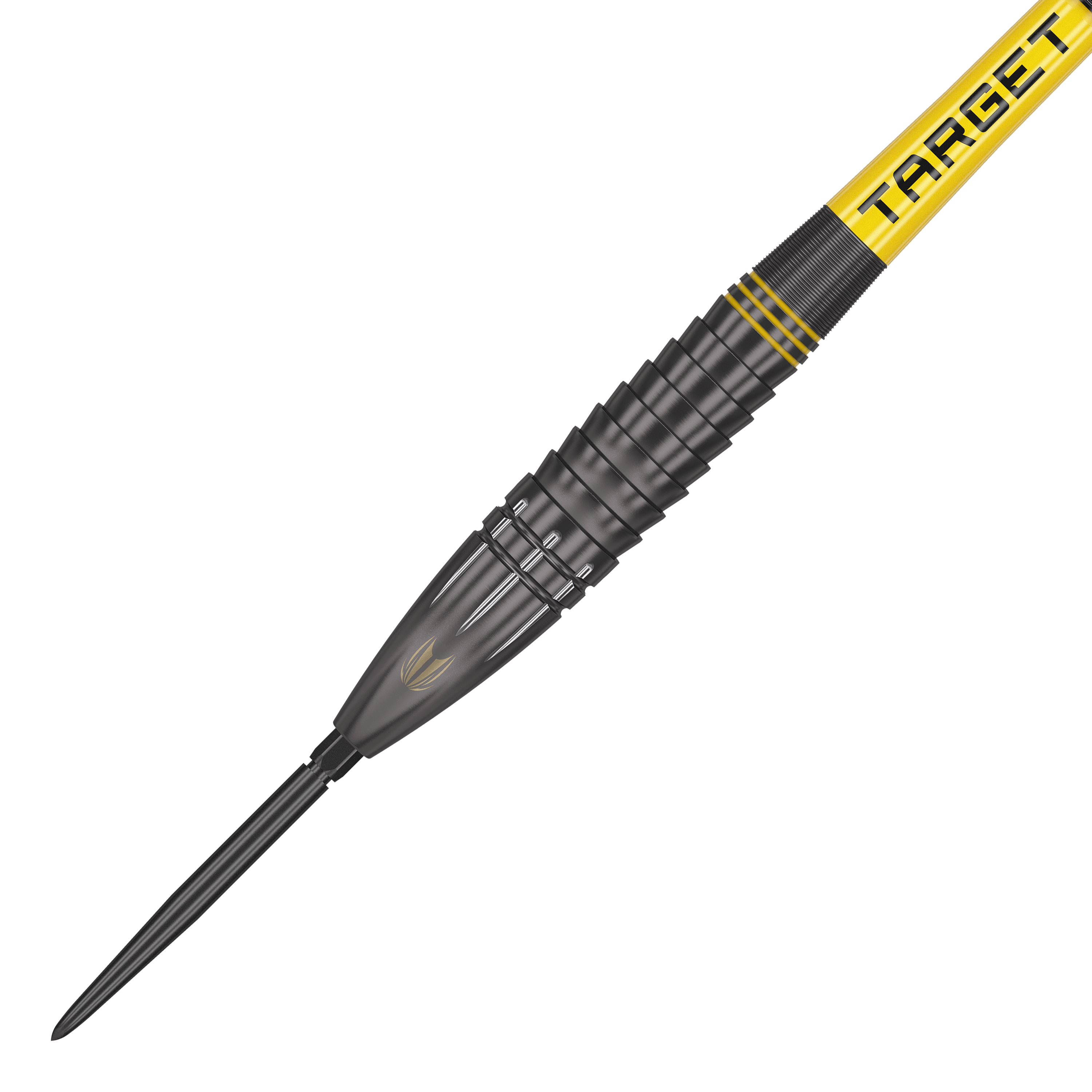 Lotki stalowe Target Scott Williams Shaggy Black Swiss Point Das Bild zeigt den Target Scott Williams Shaggy Black Swiss Point Steeldart. Der Dart ist schwarz mit gelben Akzenten und hat die Aufschrift "TARGET" auf dem Schaft.