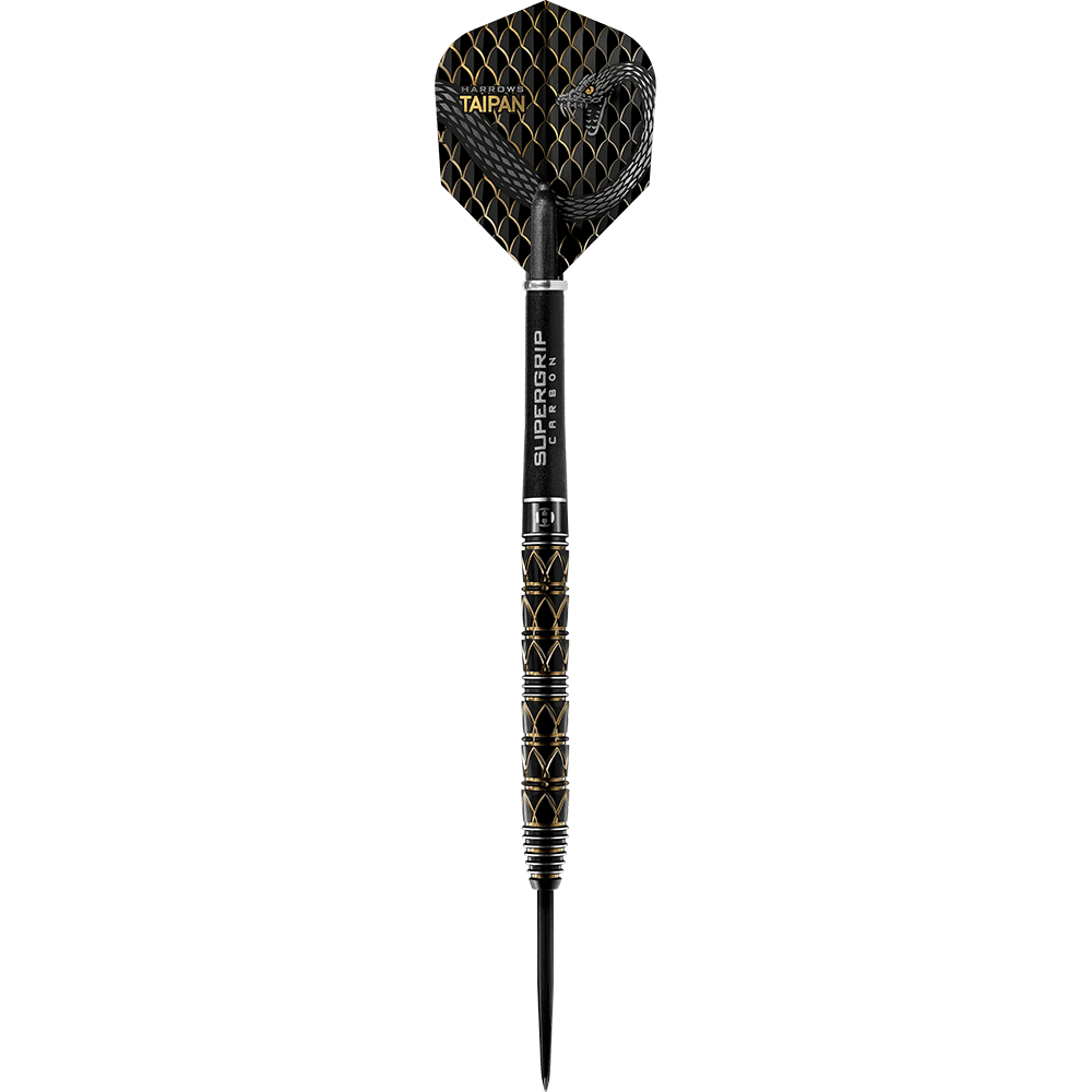 HA29044_Harrows_Taipan_Steeldarts_1E5SrOOpjEgCuW Das Bild zeigt einen Harrows Taipan Steeldart. Der Dart hat ein elegantes schwarzes und goldenes Design mit der Aufschrift "SUPERGRIP CARBON" auf dem Schaft.