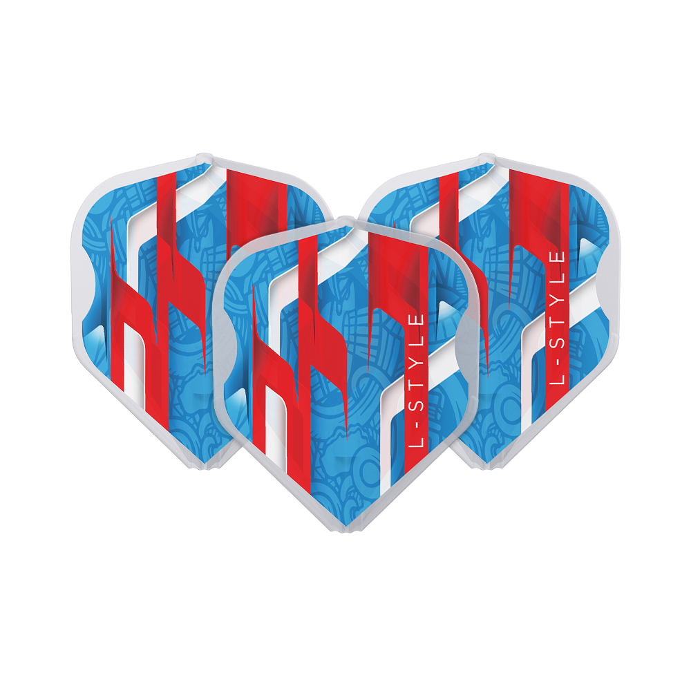 Das Bild zeigt drei Dart-Flights mit einem auffälligen roten, weißen und blauen Design. Auf jedem Flight steht der Schriftzug "L-STYLE".