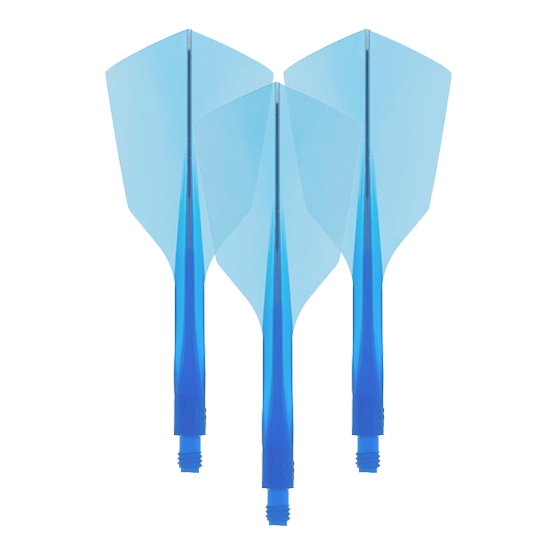 Das Bild zeigt drei blaue Dart-Flights mit integriertem Schaft. Es handelt sich um das Produkt "Condor Axe 120 Flight-System Clear Blue - Narrow".