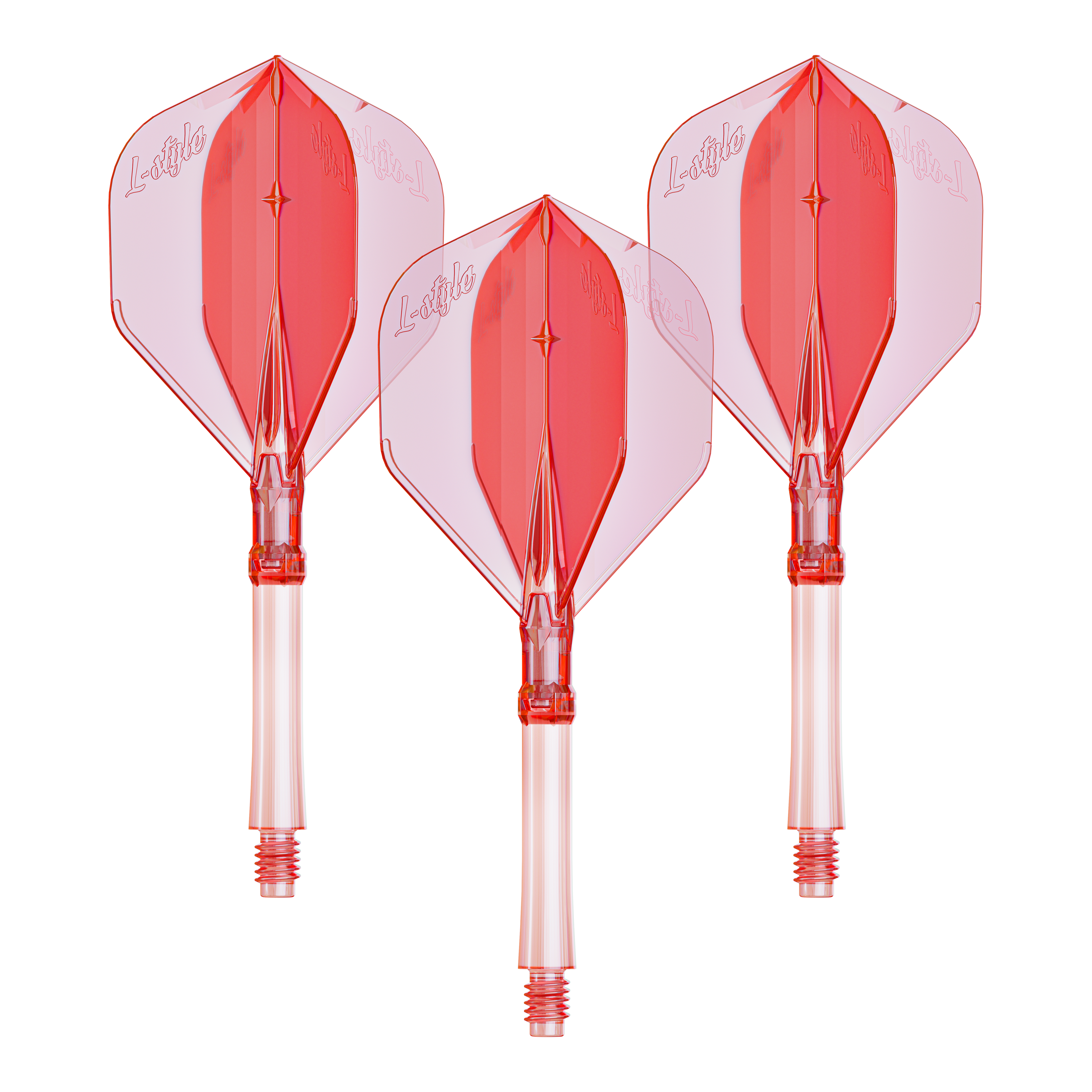 Ein Set mit großen klar roten Dart-Flights aus dem L-System. Praktisch für Dartspieler, die ihre Ausrüstung verbessern möchten.