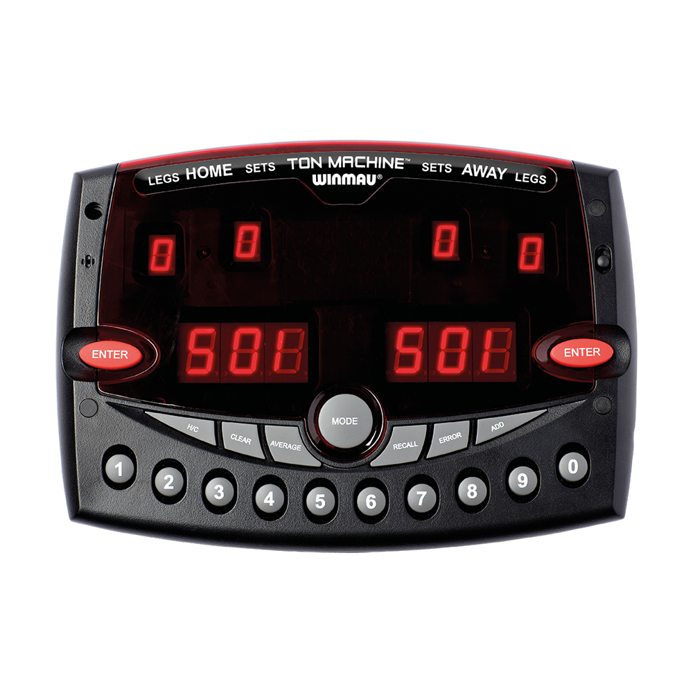 8050_Winmau_Ton_Machine_Professional_Scorer_1 Das Bild zeigt den Winmau Ton Machine Professional Scorer, ein elektronisches Anzeigegerät für Darts. Es verfügt über ein digitales Display, zahlreiche Bedientasten und rote Enter-Tasten auf beiden Seiten.