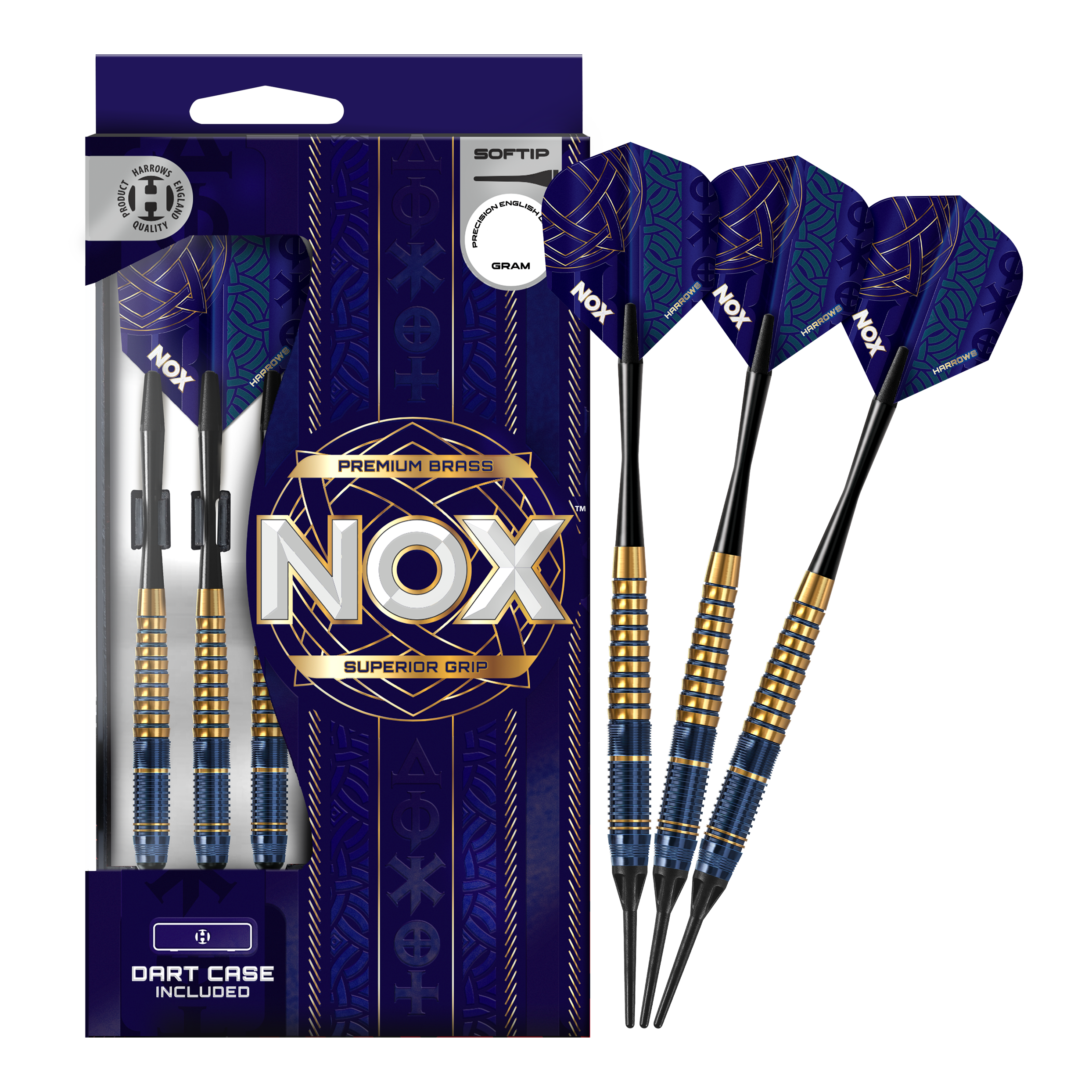 Das Bild zeigt die Harrows Nox Premium Brass Softdarts. Es handelt sich um hochwertige Dartpfeile für Softdart-Spieler.