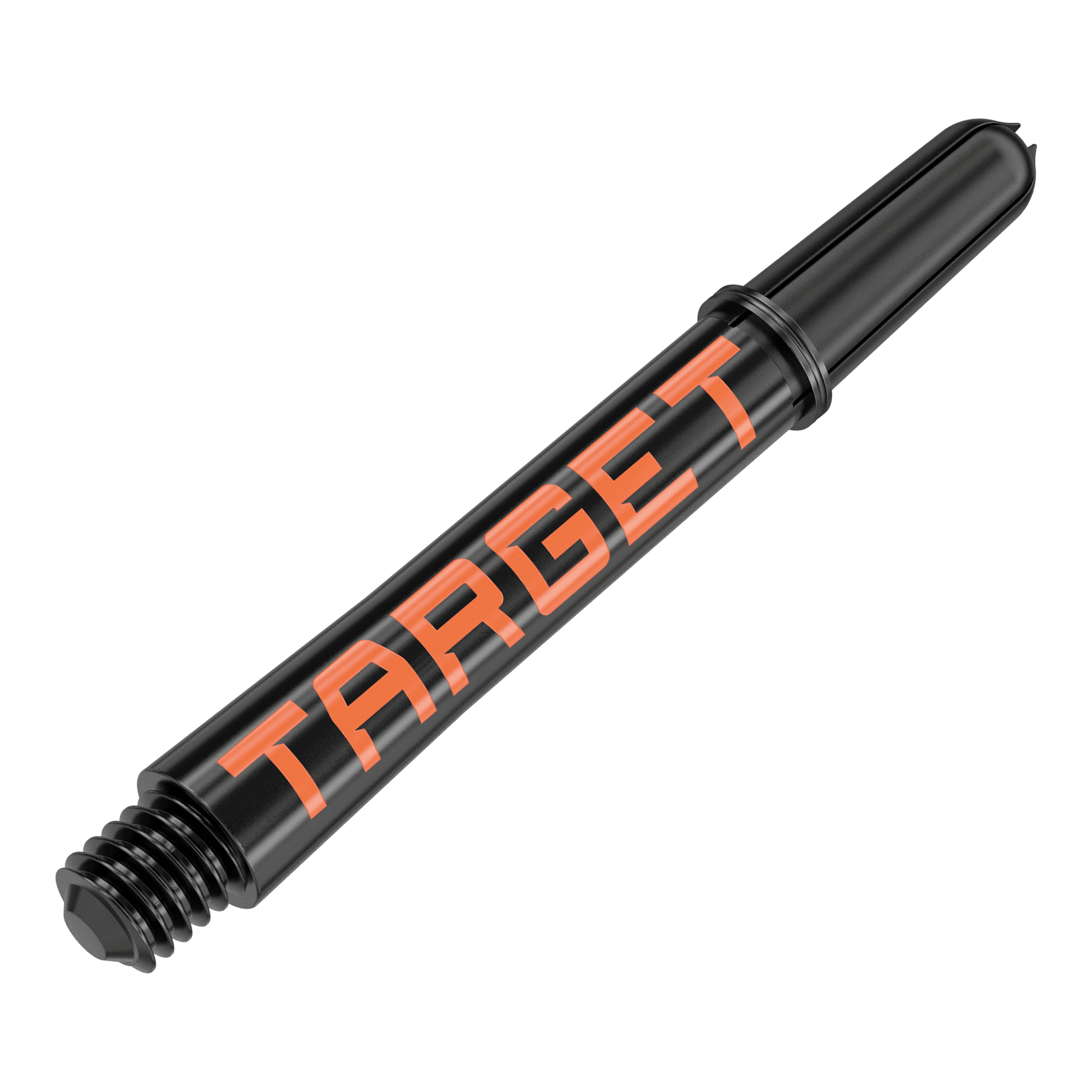 Wałki Target Pro Grip TAG – 3 zestawy – czarno-pomarańczowe Das Bild zeigt einen schwarzen Dartshaft mit orangefarbener Aufschrift "TARGET". Der Shaft ist aus Kunststoff und hat ein Schraubgewinde am unteren Ende.