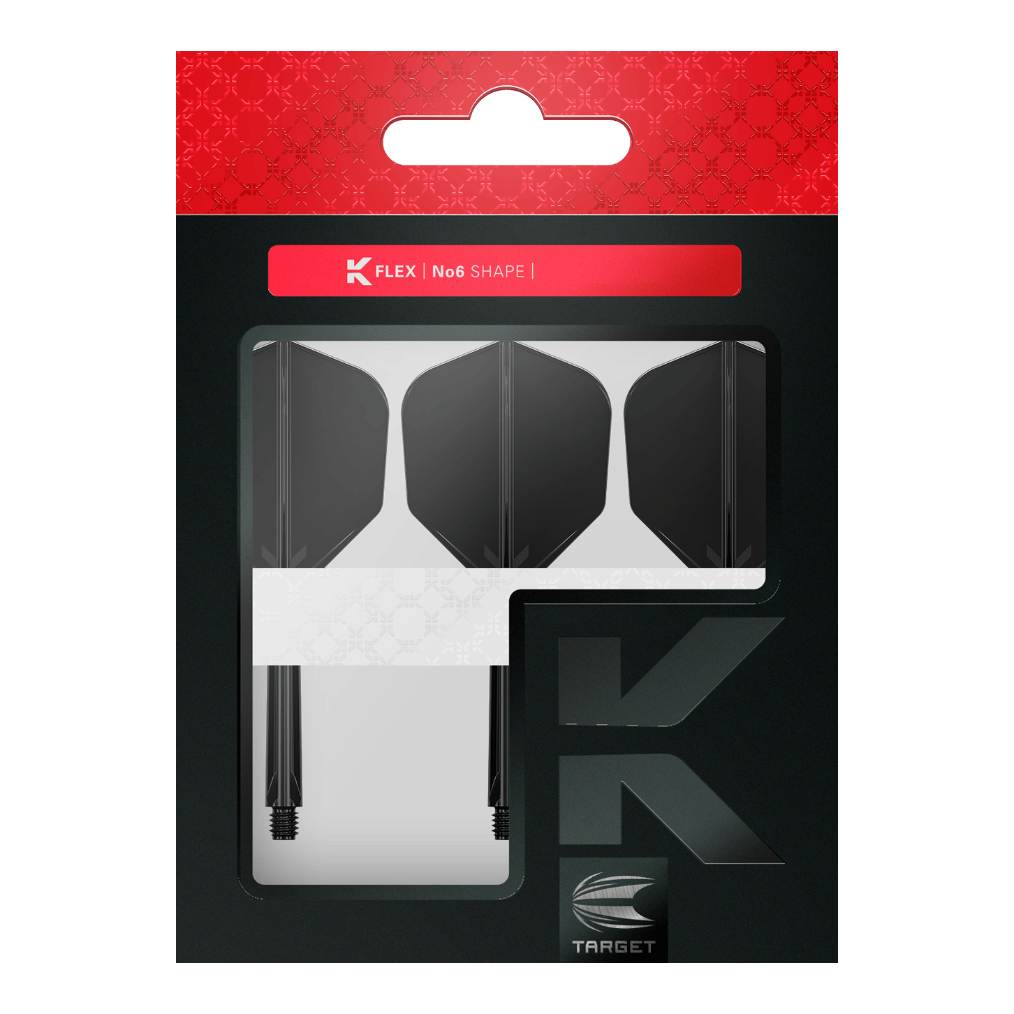 System lotu Target K-Flex No6 - czarny Dieses Bild zeigt eine Packung mit schwarzen Dart-Flights und Schäften von der Marke Target. Die Verpackung ist überwiegend schwarz mit einem roten Abschnitt oben und trägt die Aufschrift "K Flex No6 Shape".