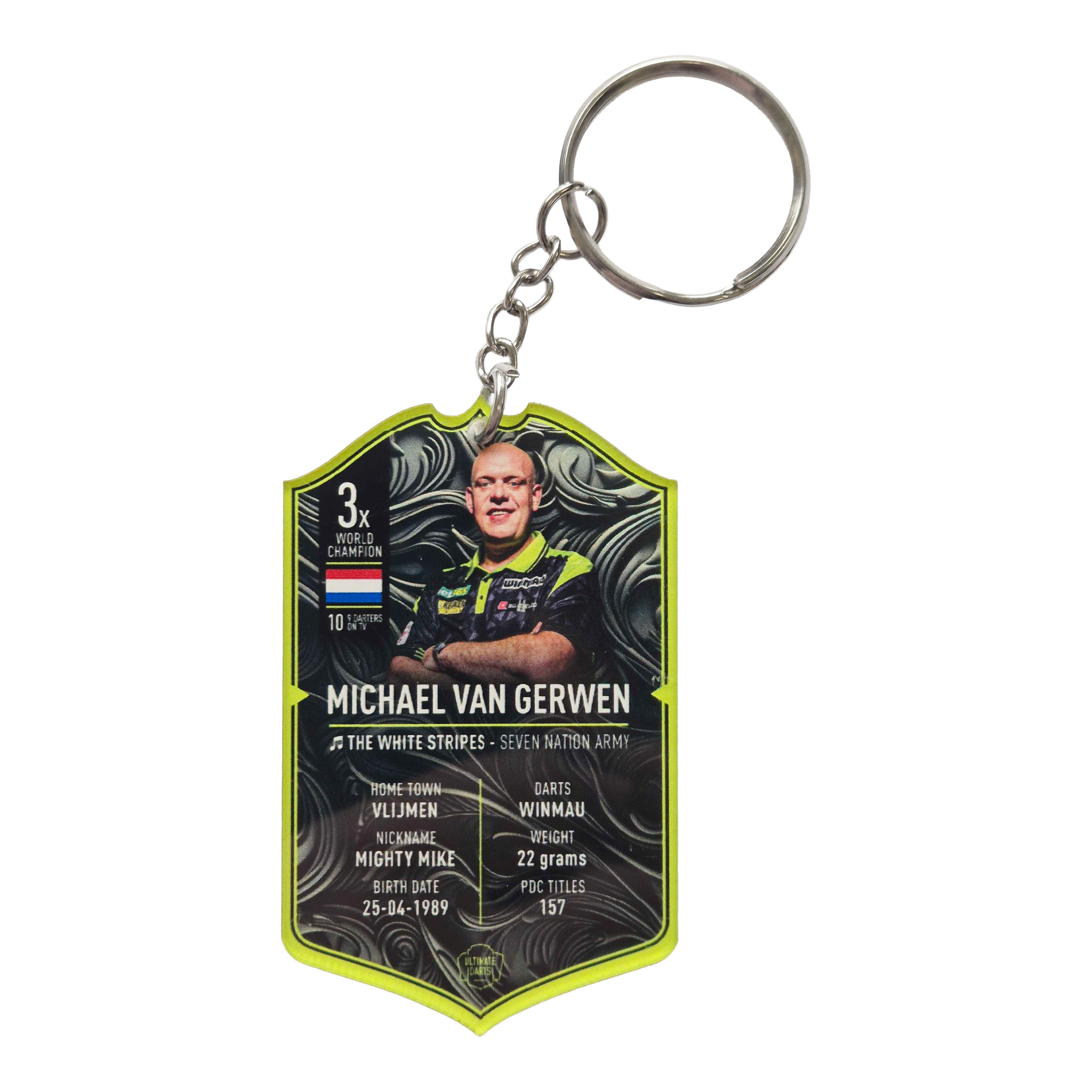 Ultimate Darts Card Schlüsselanhänger - Michael Van Gerwen ist zu sehen. Der Schlüsselanhänger zeigt ein Motiv des berühmten Dartspielers Michael Van Gerwen.