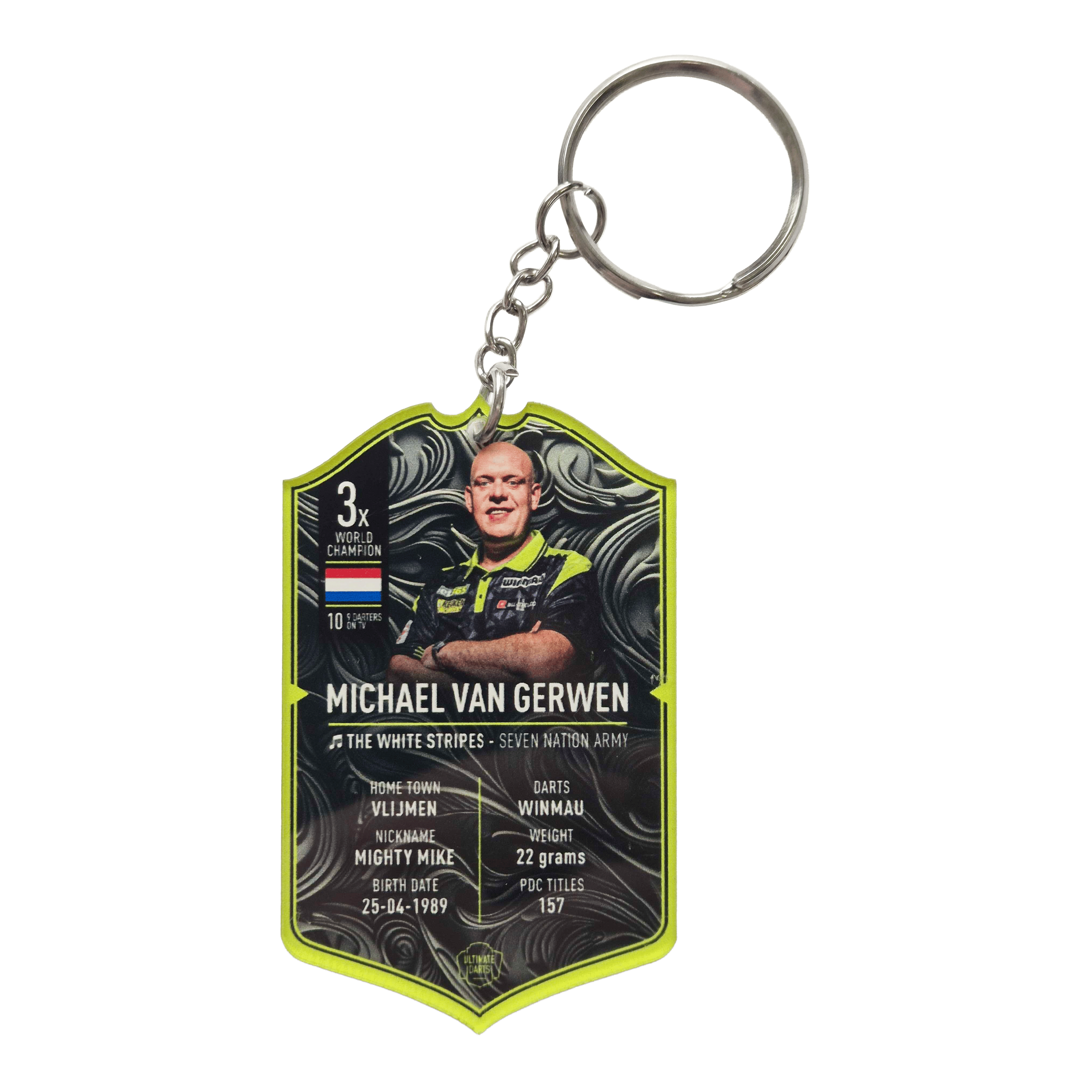 Brelok z kartą Ultimate Darts – Michael Van Gerwen Ultimate Darts Card Schlüsselanhänger - Michael Van Gerwen ist zu sehen. Der Schlüsselanhänger zeigt ein Motiv des berühmten Dartspielers Michael Van Gerwen.