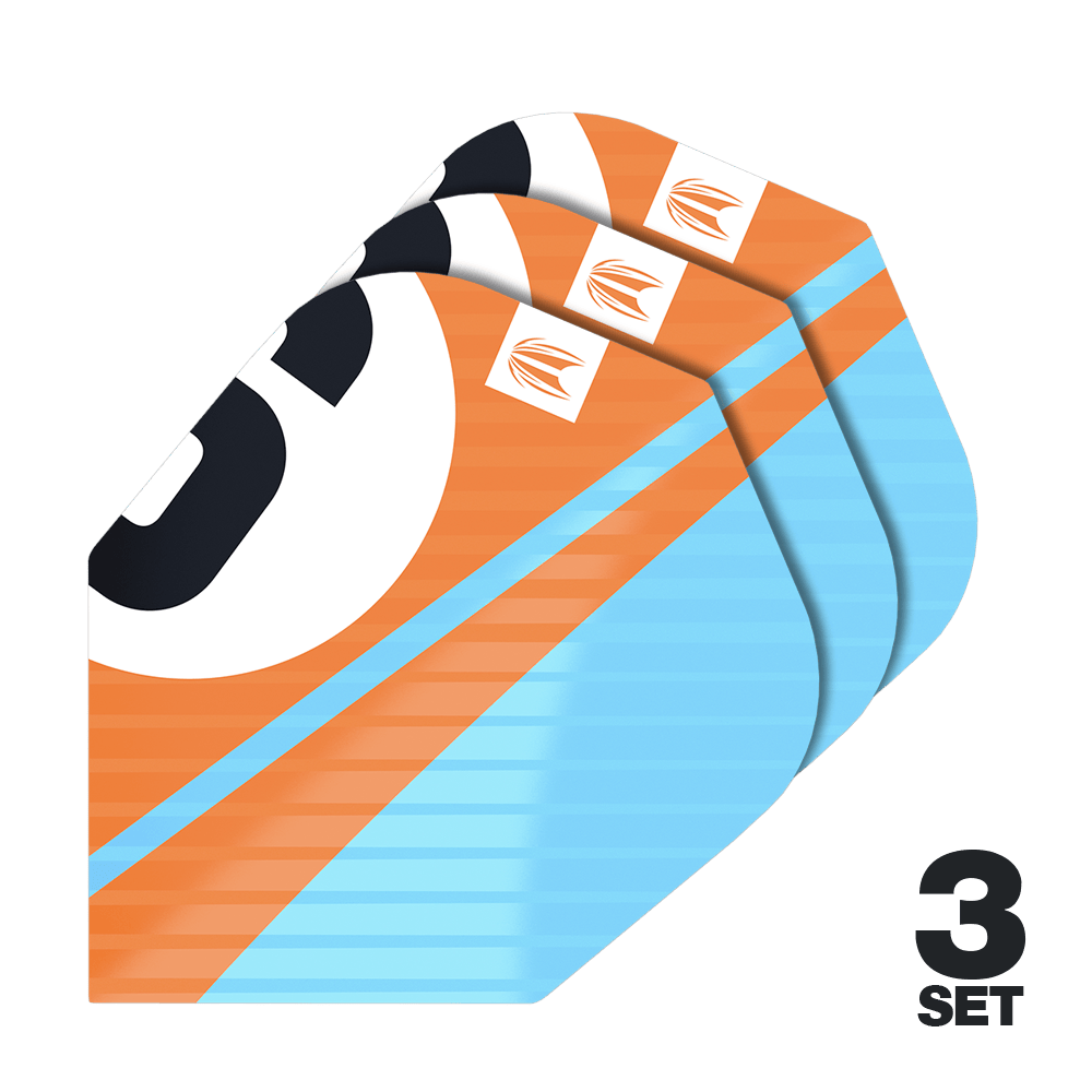 Lotki Target Pro Ultra Chicane Orange No6 - 3 zestawy Das Bild zeigt drei Sets von Target Pro Ultra Chicane Orange No6 Flights für Dartpfeile. Die Flights sind in Orange, Blau und Schwarz gestaltet und tragen das Target-Logo.