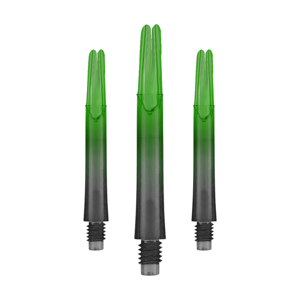 Dwukolorowe wałki w stylu L z blokadą, proste, naturalne, 9, w kolorze zielonym Auf dem Bild sind drei grün-schwarze Dartschäfte zu sehen. Sie sind gerade geformt und haben ein Schraubgewinde am unteren Ende.