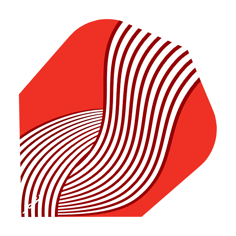 Shot ZEN Kyudo No6 Flights Das Bild zeigt ein Dartflight-Design mit dem Namen "Shot ZEN Kyudo No6 Flights". Das Flight ist rot und mit geschwungenen weißen Linien verziert.