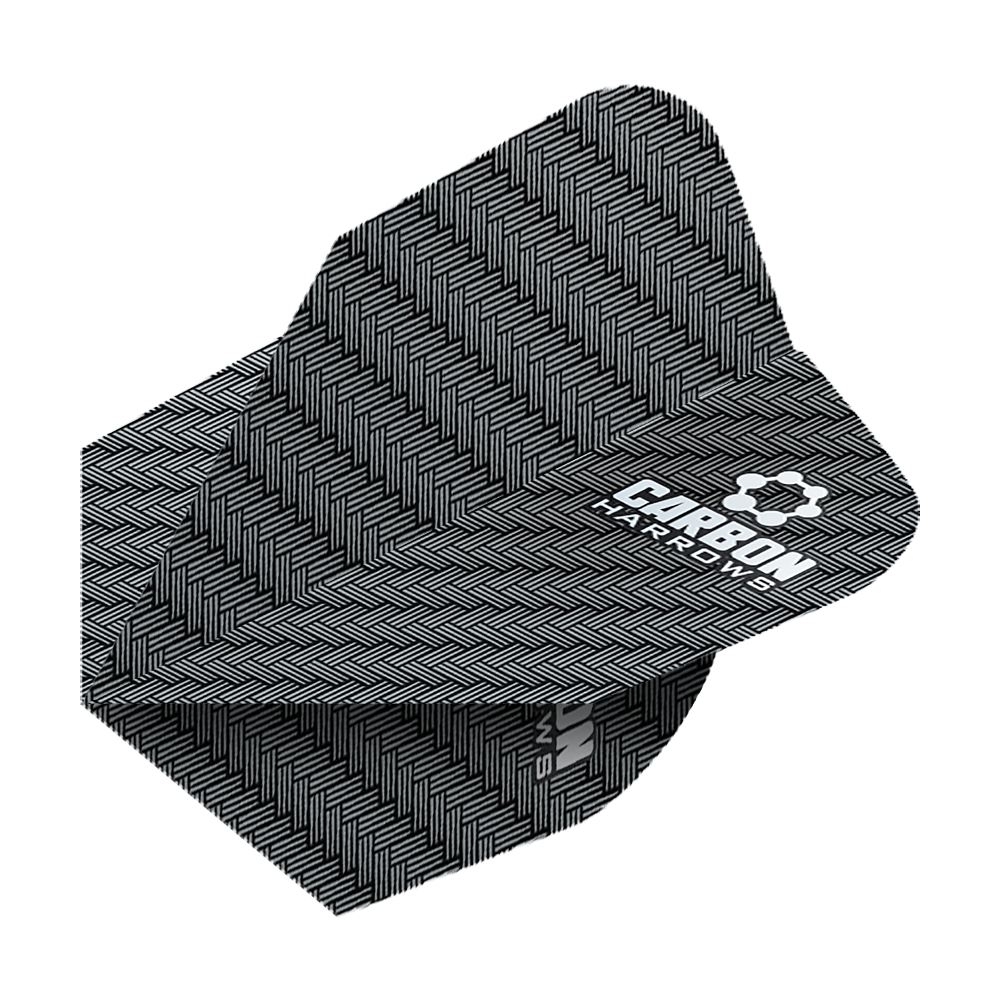 HR51_Harows_Carbon_No6_Flights_Grau_2 Das Bild zeigt das Produkt "Harrows Carbon Flights HR51". Es hat ein schwarzes Muster mit weißem Logoaufdruck.