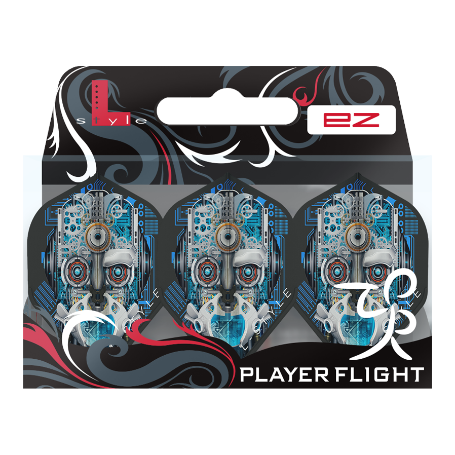 Das Bild zeigt eine Packung mit drei "L-Style Berry Van Peer V3 Black L1EZ Flights". Auf den Flights ist ein auffälliges, technisches Roboter-Gesicht in Blau- und Grautönen abgebildet.