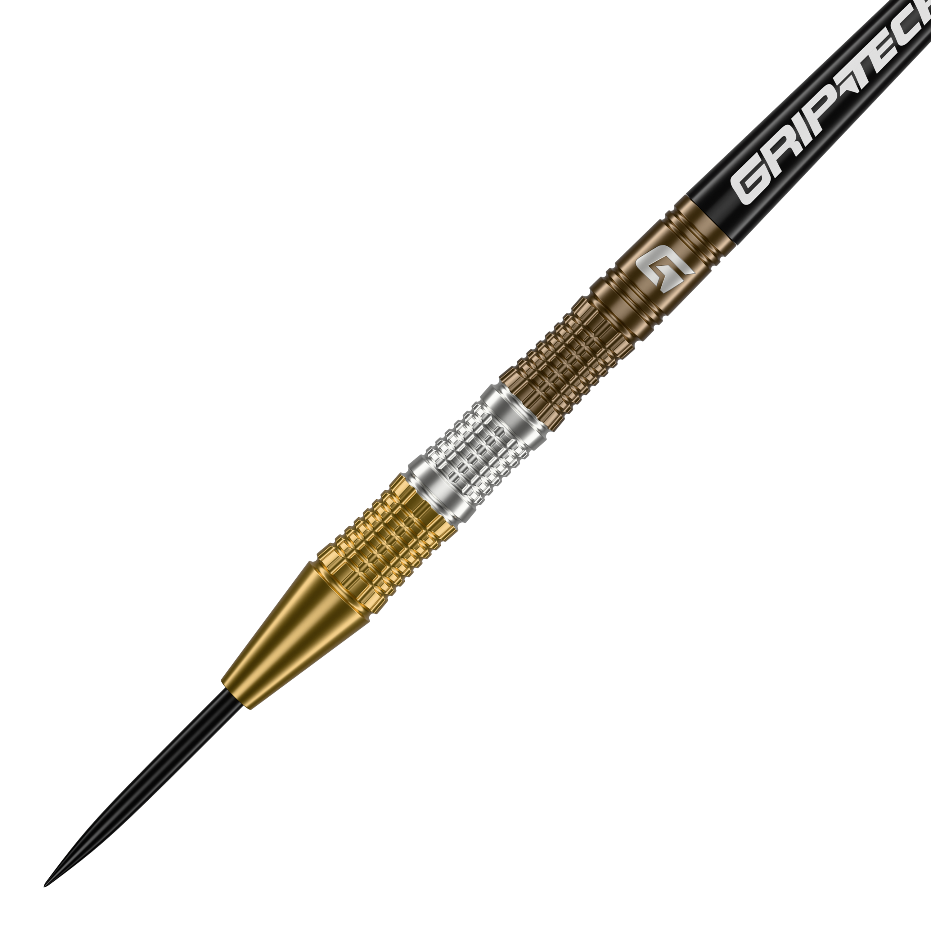 Dies ist ein GOAT Ceremony Tungsten Steeldart mit einem goldenen und silbernen Griffbereich. Auf dem Schaft steht das Wort "GRIPTECH".
