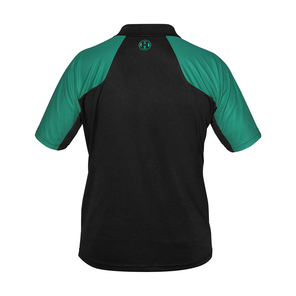 17577-Harrows-Vivid-Dartshirt-Black-Jade-2 Das Bild zeigt ein Harrows Vivid Dartshirt in den Farben Schwarz und Jade. Das Shirt hat grüne Ärmel und einen schwarzen Rücken mit einem kleinen Logo am oberen Rücken.