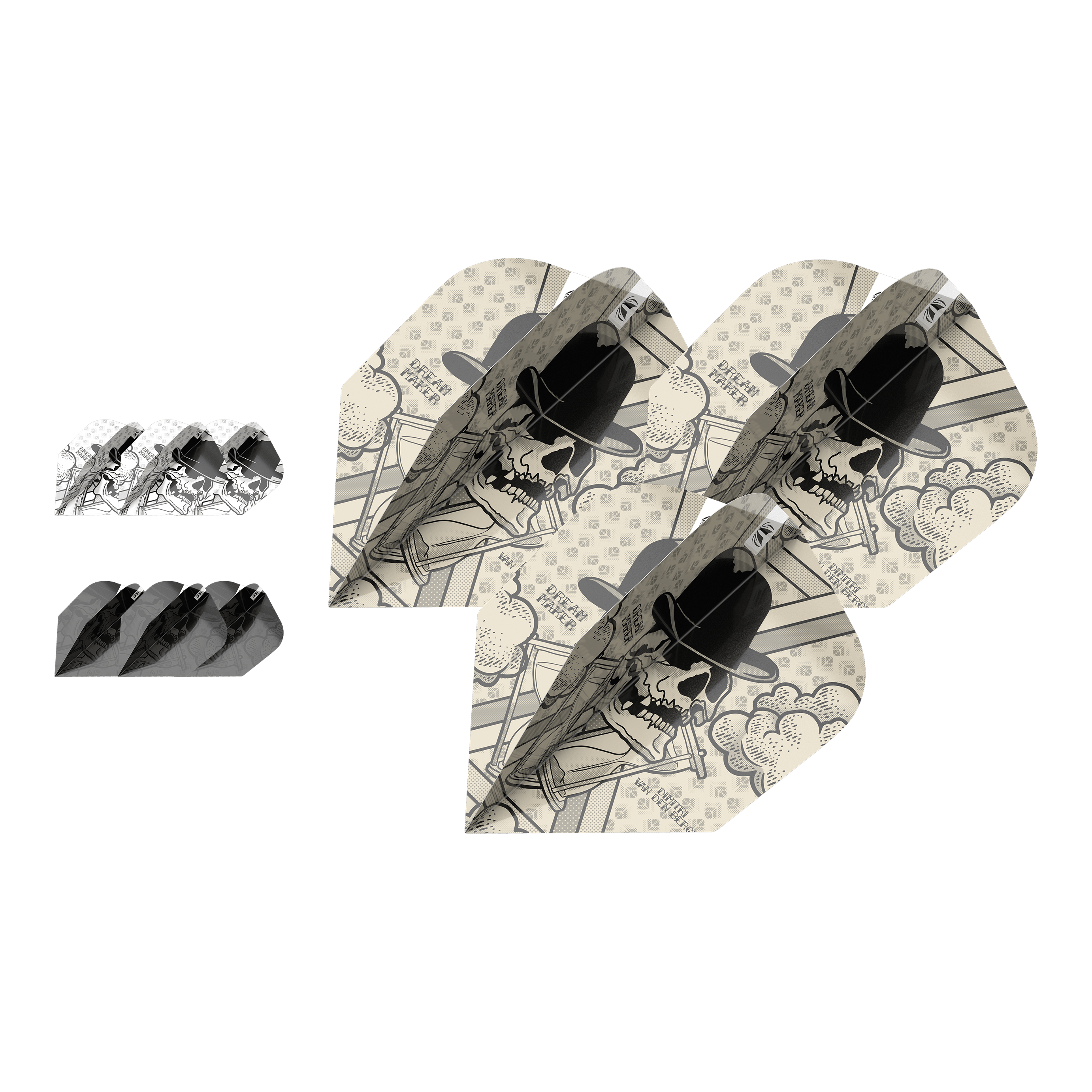 Target Ink Bundle 3 Zestawy Lotów Dimitri Van Den Bergh nr 6 Das Bild zeigt drei Sets Dimitri Van Den Bergh No6 Flights aus der Target Ink Bundle Serie. Die Flights haben ein auffälliges Design mit einem Totenkopf, der einen Hut trägt.