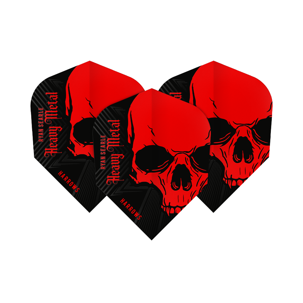 Harrow's Ryan Searle Heavy Metal No6 Flights Das Bild zeigt die Harrows Ryan Searle Heavy Metal No6 Flights. Die Flights sind schwarz und rot gestaltet und zeigen einen auffälligen Totenkopf mit dem Schriftzug "Heavy Metal".