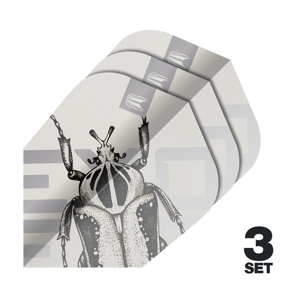 Target Pro Ultra Exo 2.0 Ten-X Flights - 3 serie Das Bild zeigt drei Sätze Target Pro Ultra Exo 2.0 Ten-X Flights für Darts. Auf den Flights ist eine schwarz-weiße Zeichnung eines Insekts abgebildet.